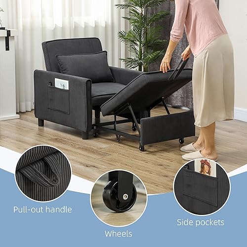Miniatura 7 de HOMCOM Silla convertible 3 en 1, sofá cama individual multifuncional, silla extraíble con respaldo ajustable, almohada y bolsillos para apartamento,