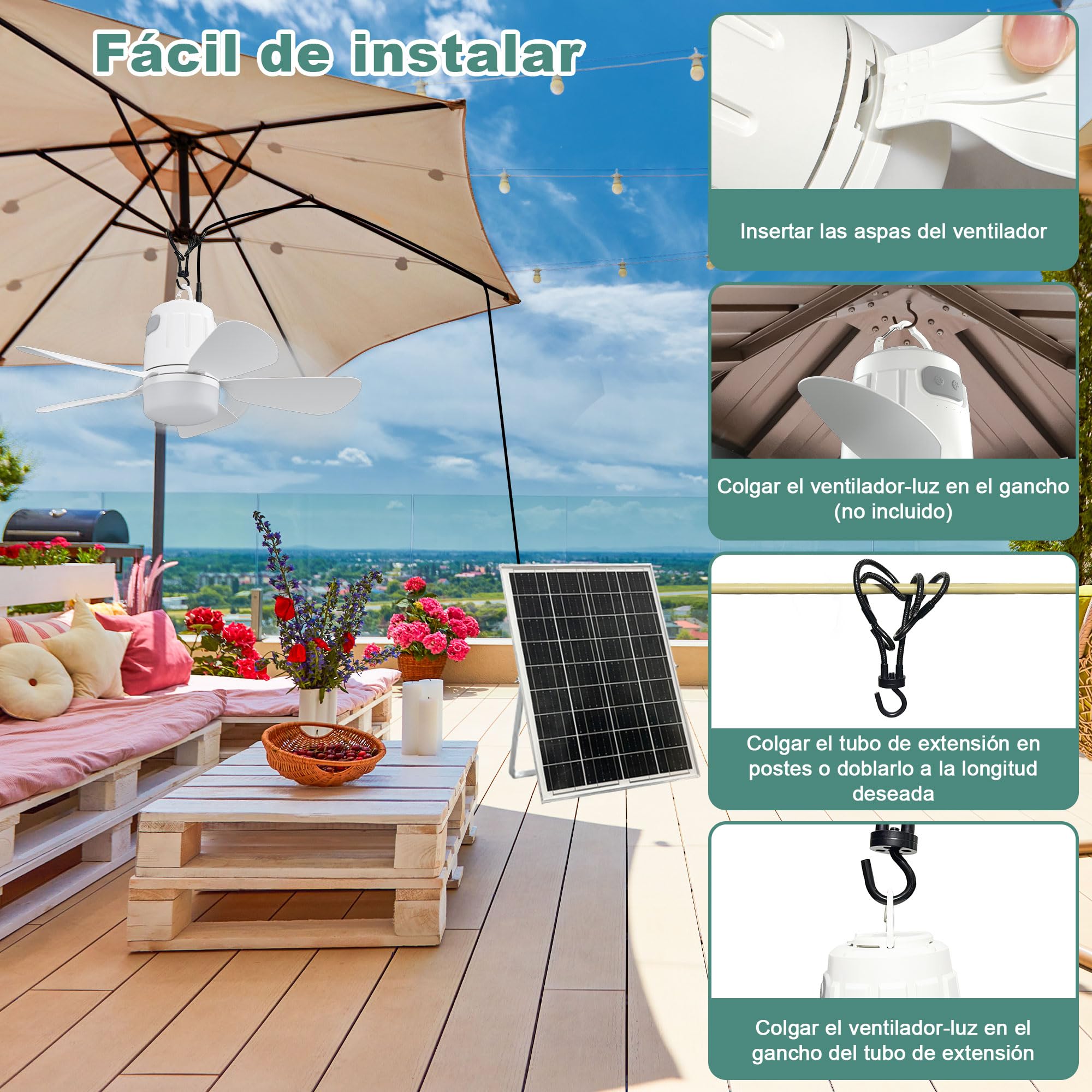 Gliztech Ventilador de Techo con luz Solar, Lampara Ventilador Techo de con iluminación, Panel Solar Control Remoto, Ideal Para Patios, Cenadores, Parasol, Toldos, Parasol, Camping y Jardín. (50cm)