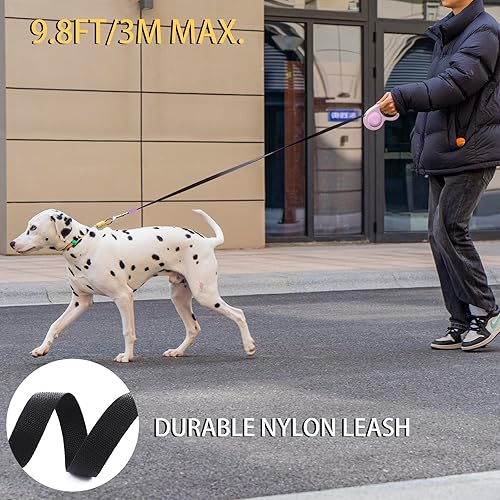 Miniatura 4 de JSXD Correa retráctil de 360 sin enredos para perro con freno con una sola mano, pausa, bloqueo, cinta de nailon resistente de 10 pies para