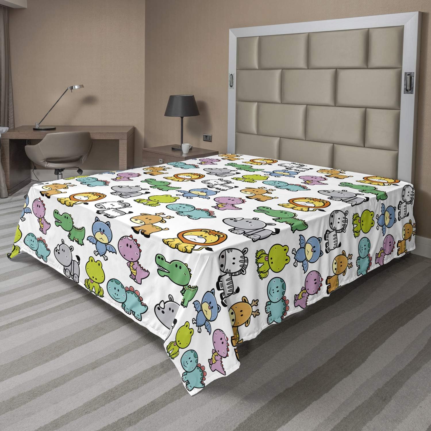 Ambesonne Cartoon Flat Sheet, Style Animals Lion Zebra Frog Dinosaur Crocodile Bat Fun Illustration, Soft Comfortable Top Sheet Decorative Bedding 1 Piece, Queen Size, Multicolor