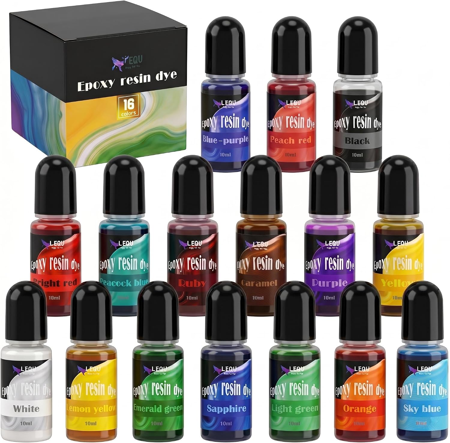 LEQU Happy and FUN16 Color Concentrated Resin Dye for Epoxy Resin & UV Resin | Liquid Colorant for Resin Coloring, Resin Jewelry, Resin Art Crafts DIY Making (Each 0.35oz)