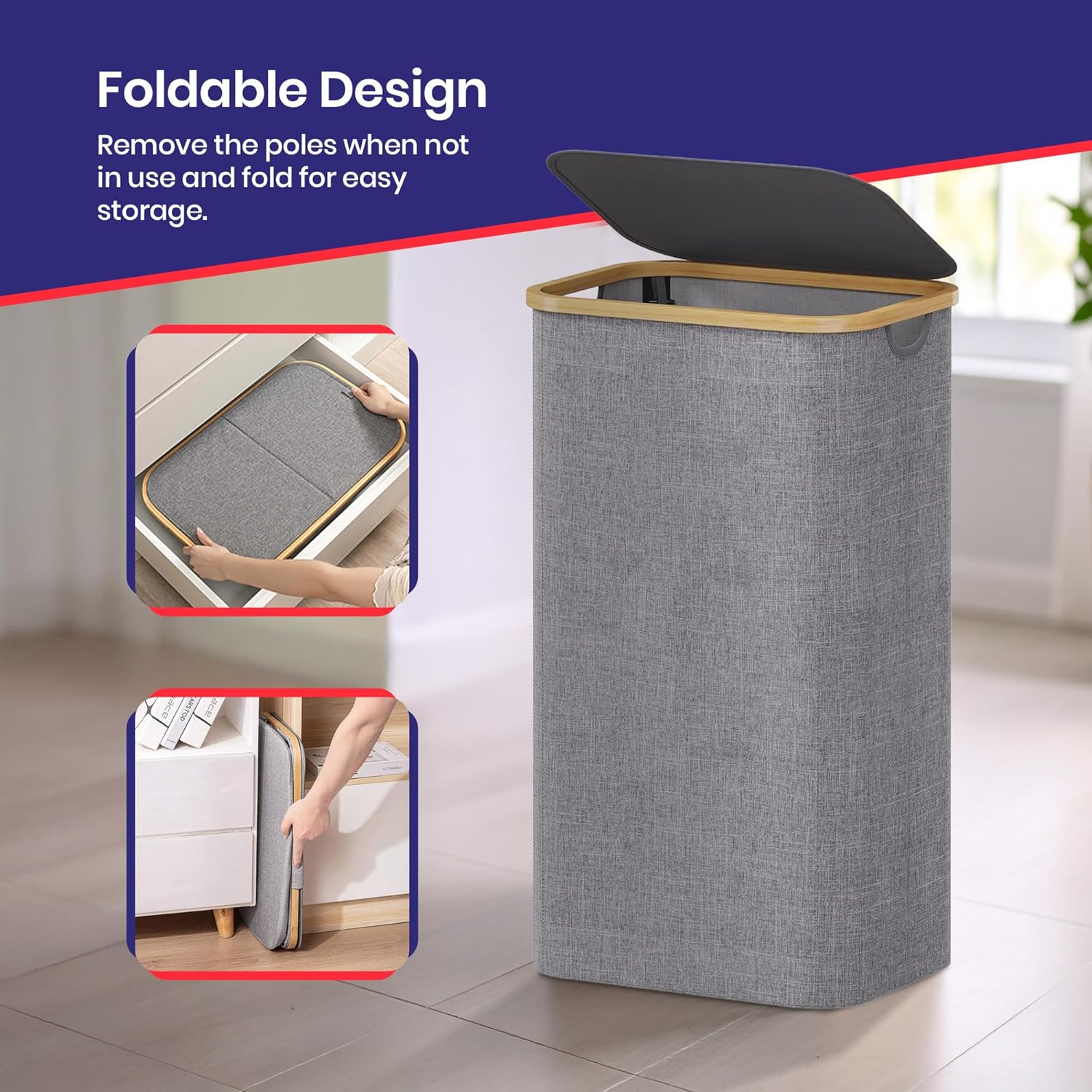 Laundry Basket with Lid, Tall Laundry Washing Basket Hamper with Removable & Washable Inner Bag and Handles, Small Storage Laundry Baskets for Clothes/Toys/Towels. (Grey)