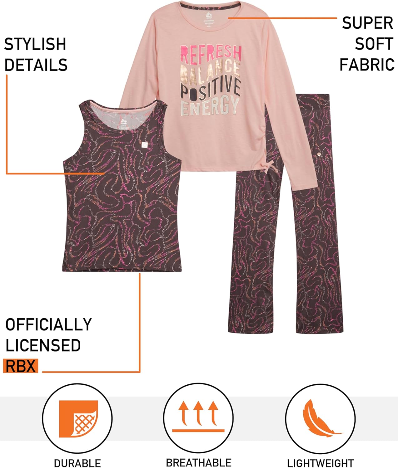 RBX Girls Active Pants Set - 3 Piece Everyday Long Sleeve Graphic Tee, Matching Tank Top and Leggings for Girls (Sizes: 7-16) - Image 2