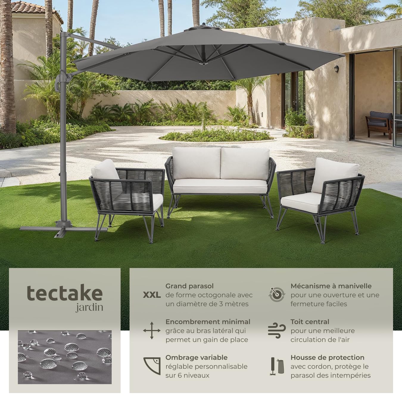 tectake® Parasol de Jardin Exterieur Parasol Déporté, en Aluminium, Ø 300 cm, Inclinable & Réglable en hauteur, Protection UV 50+, Résistant au vent, Housse de protection incluse, Salon de jardin