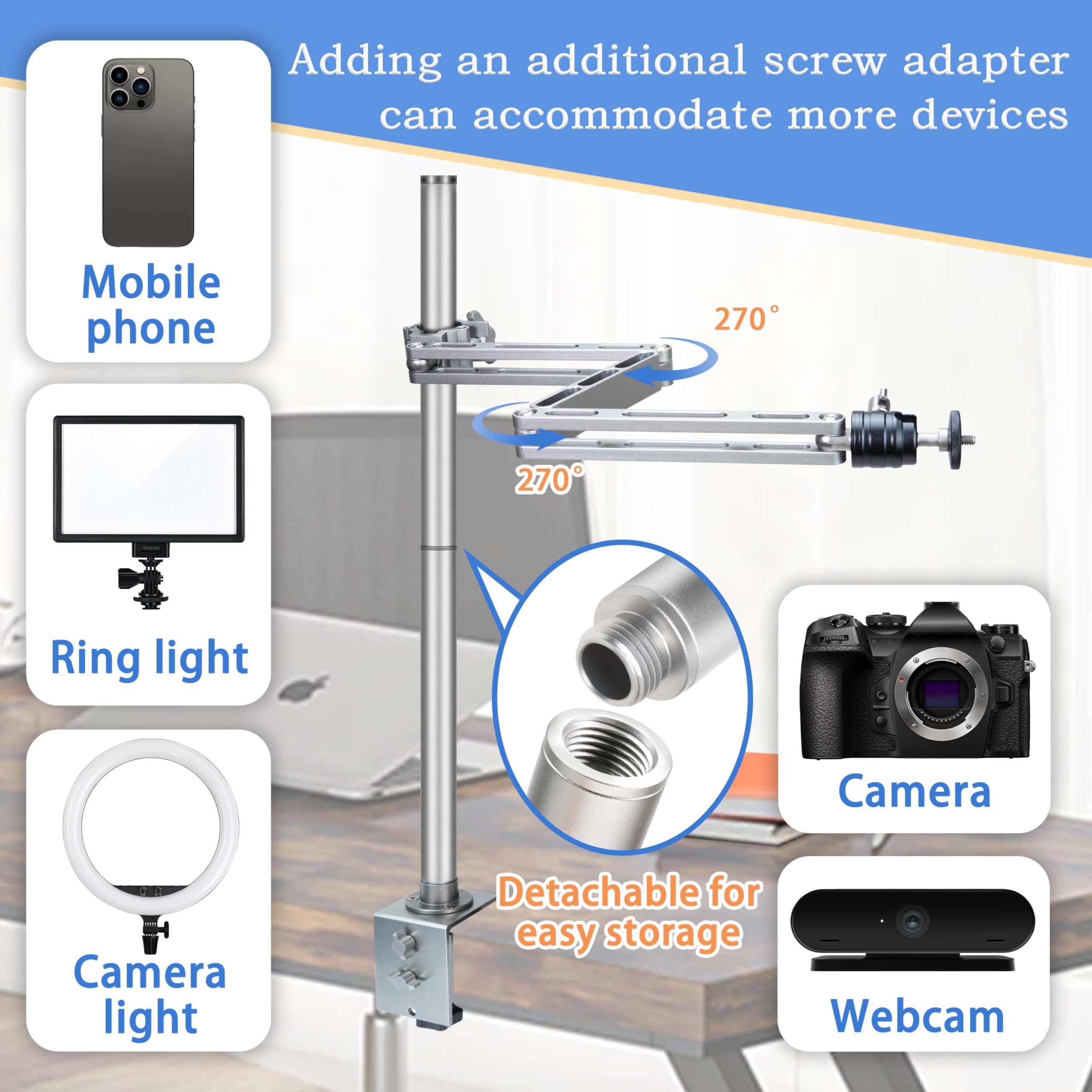 Overhead Camera Mount, Camera Desk Mount Stand With Flexible Arm, 360° Rotatable Ball Head, DSLR Boom Arm Tabletop C Clamp For Photography Videography Live Stream - 4456