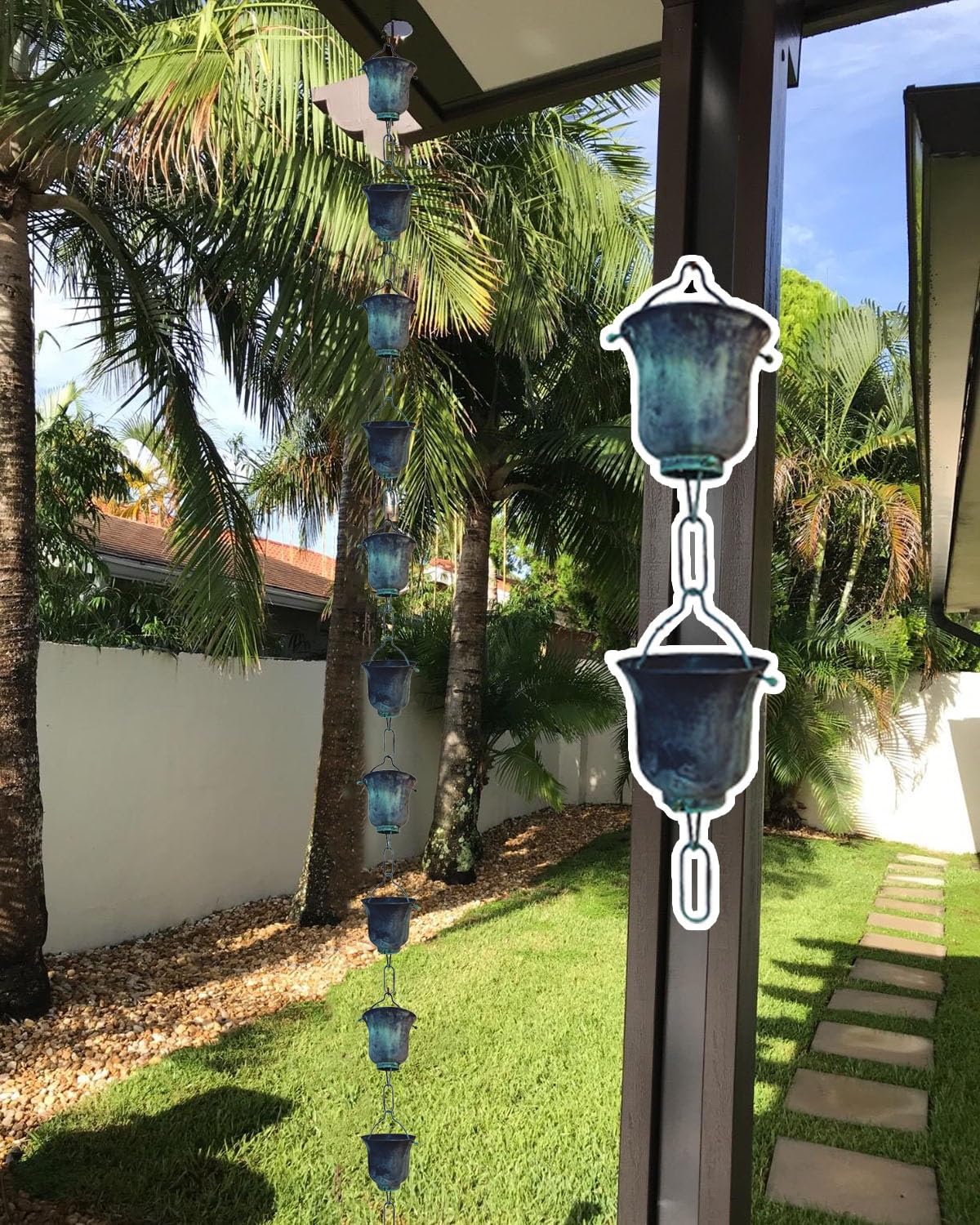 YNBSHGAA Heavy Duty Rain Chain with Bells Cups, Adjustable Extra Long Replacement for Downspout Roof, Enhances Water Drainage Without Gutter,Style1-5.5m (18ft)