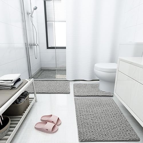 Miniatura 2 de Arotive Alfombras de baño de chenilla, 2 piezas, tamaño de alfombra de baño de 24 x 16 y 47 x 17 pulgadas, color gris, paquete de 2 artículos