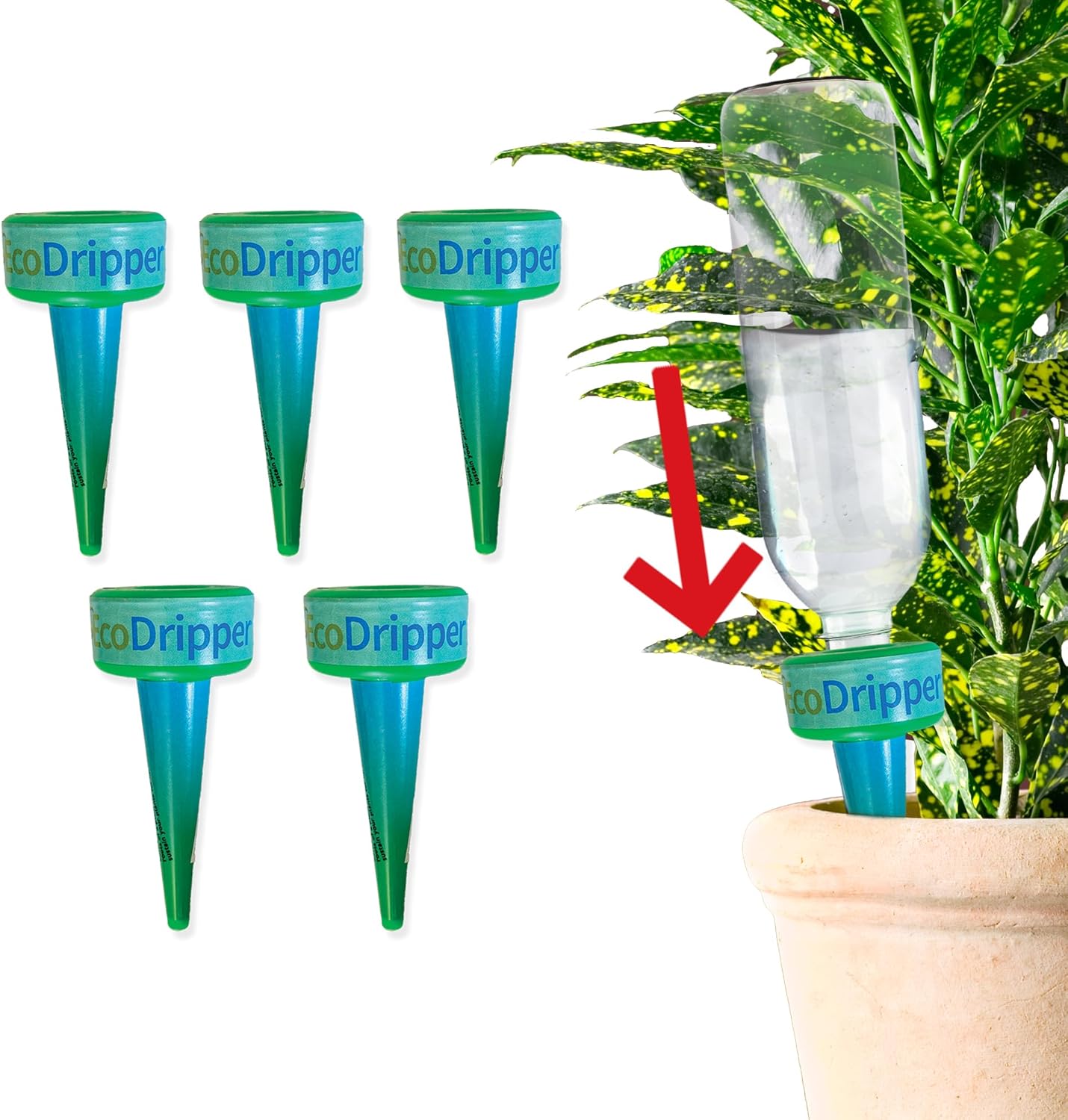 EcoDripper Plant Watering Device 5 Pc - Self Watering Spike Insert for Potted Plants - Pulls Water Automatic Outdoor & Indoor Plant Waterer - Drip Water Feeder Stake on Vacation (Pack of 5), Green