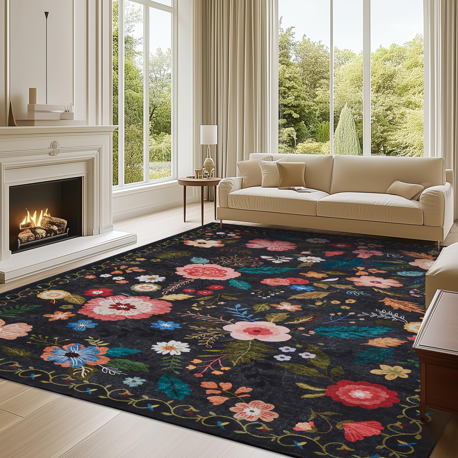 Puremy Waschbarer Teppich Wohnzimmer, Retro Floral Design, kuscheliger Kurzflor, Groß Teppiche Schlafzimmer rutschfest Weiche für Badezimmer Esszimmer Kinderzimer, 240x340cm, Beige Rosa