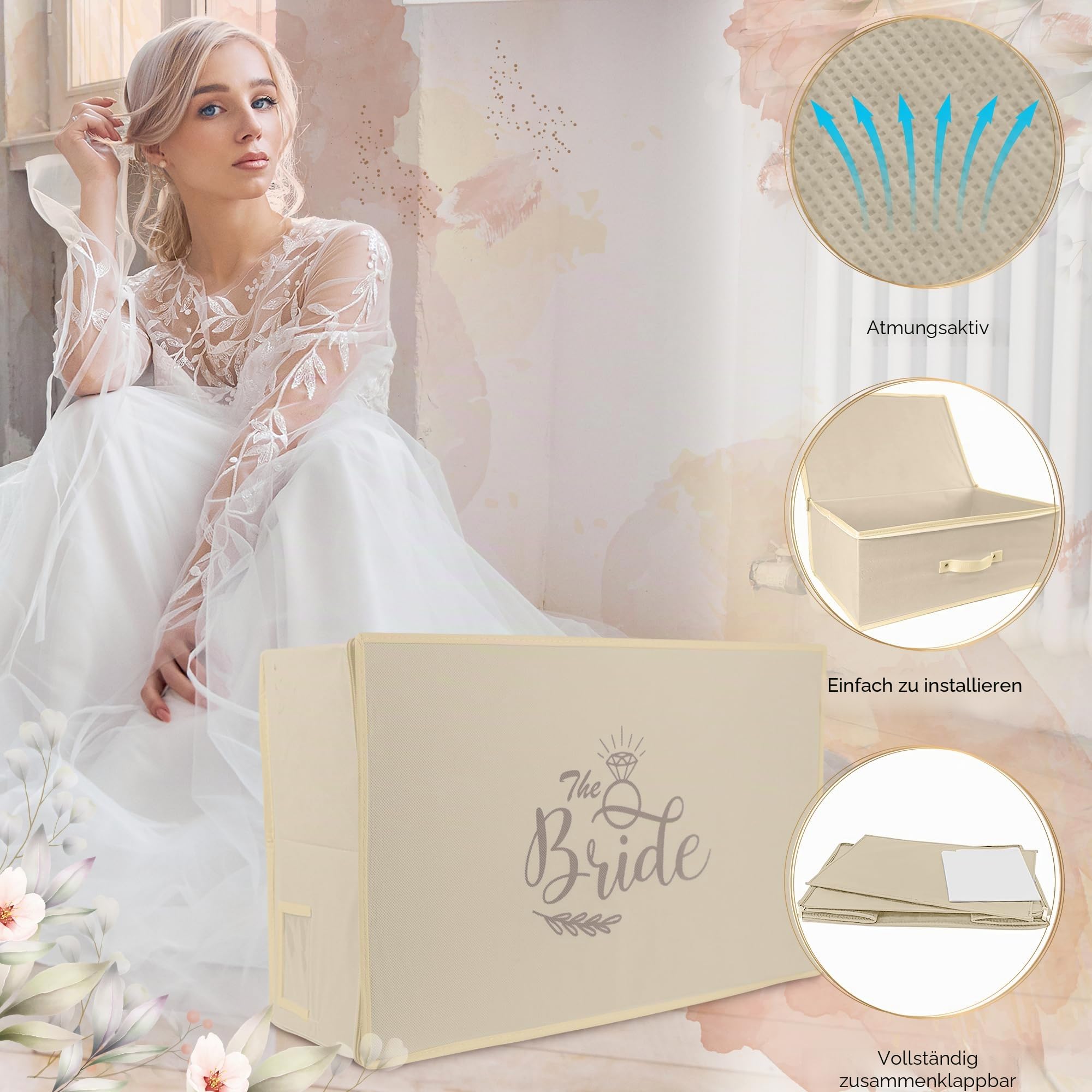 Wedcova UK Hochzeitskleid Aufbewahrungsbox | Creme personalisiert Brautkleider unter Bett Aufbewahrungsboxen | unter Bett Kleidung Box mit 10 Säure frei Tissue Papiere | Raum Organizer Box