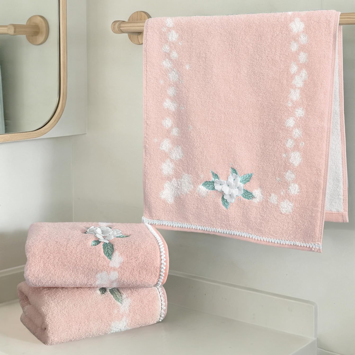 VOOVA & MOVAS Pink Hand Towels Set of 3, 14"x28" - 100% Cotton | Quick Dry | Soft | Absorbent | Lightweight, Flower Hand Towels for Bathroom & Guest, Luxury Towel Set for Showering, Pink