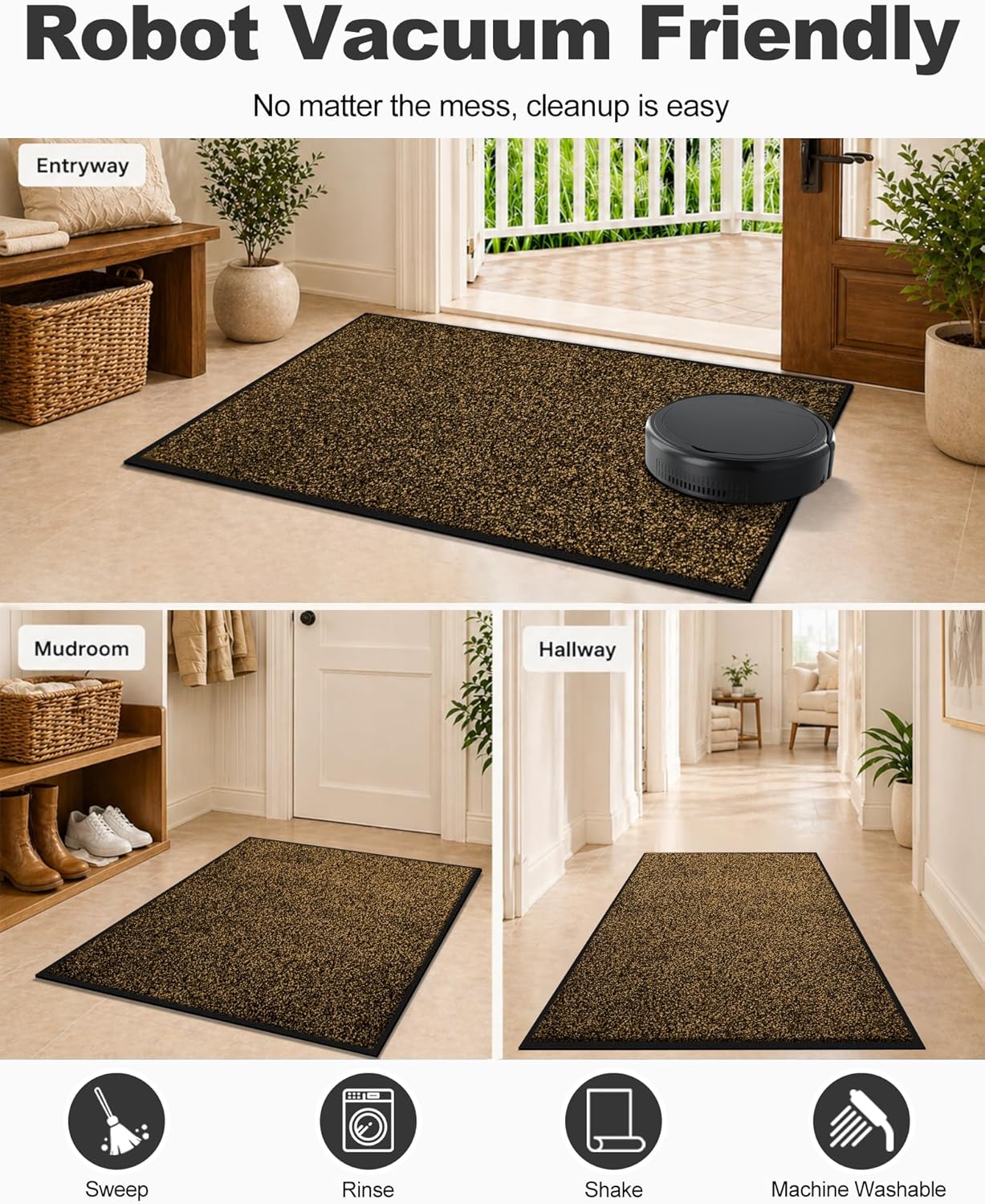 Mibao Front Door Mat, Dirt Trapper Welcome Mat for Outdoor Indoor, Non-Slip Waterproof Doormat, Durable Machine Washable Low Profile Entry Rug for Back Door Outside Patio Porch, 36" x 24", Brown