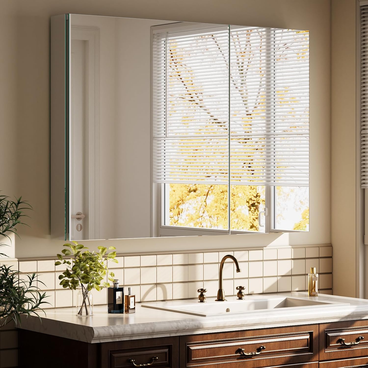 Bathroom Medicine Cabinet Mirror with Storage, 36 Inch x 26 Inch Silver Medicine Cabinet with Double Door & Adjustable Shelves for Vanity, Aluminum Surface, Wall-Mount or Recessed