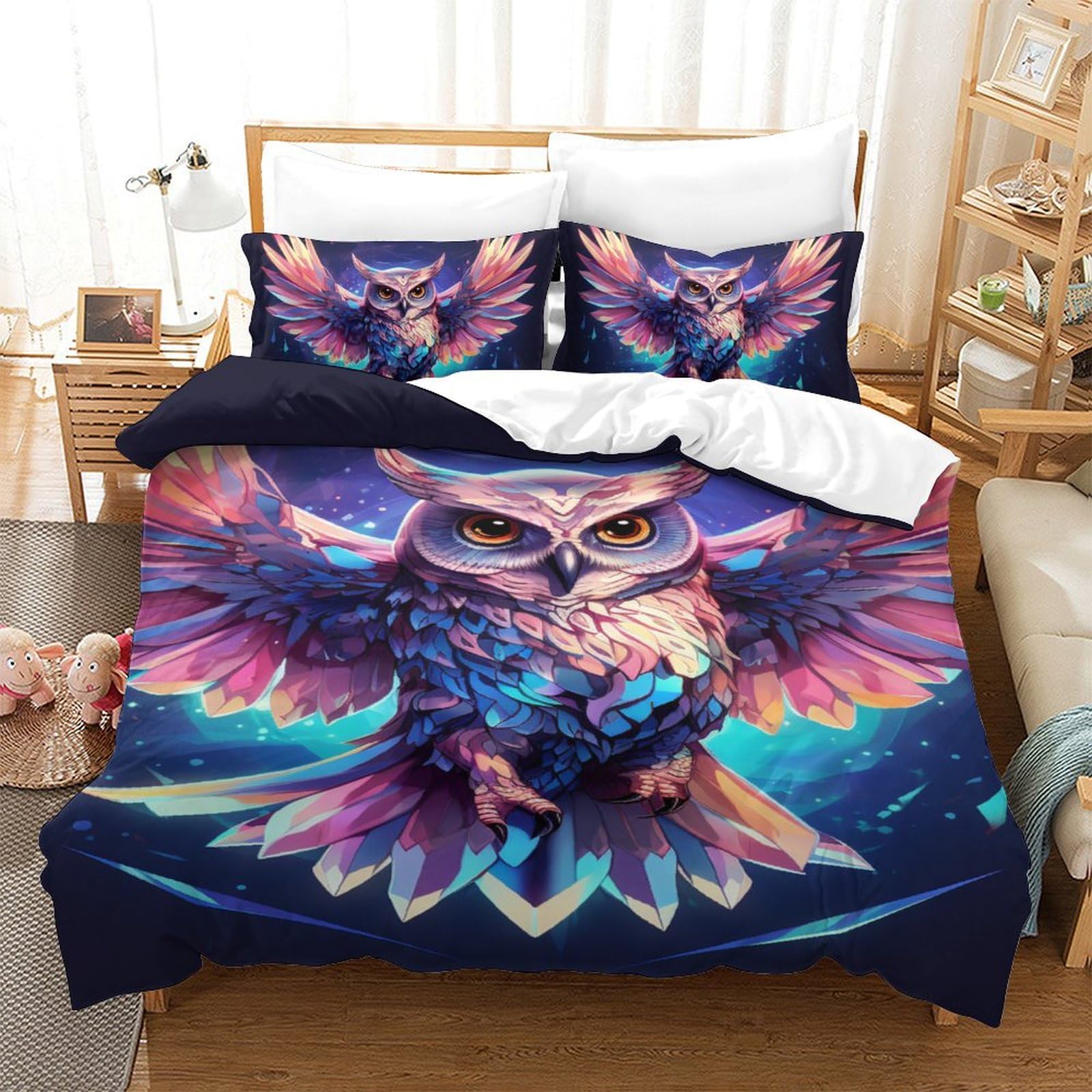 Housse de couette chouette en microfibre 140x200 cm avec taies d'oreiller pour lit enfant
