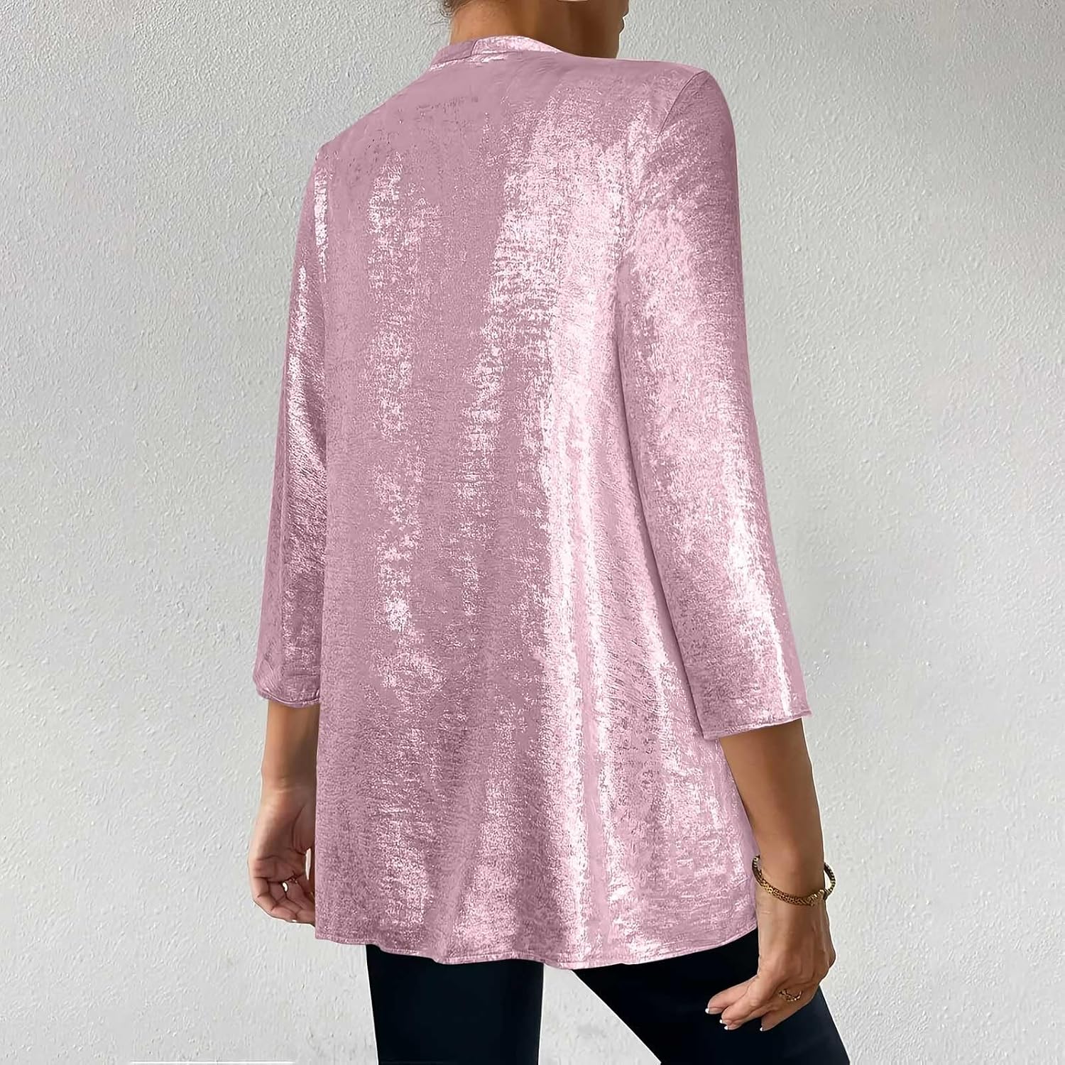 Women's Metallic Cardigans Disco Party Jackets Outwear 3/4 Sleeve Lightweight Open Front Casual Fashion Jacket Coats