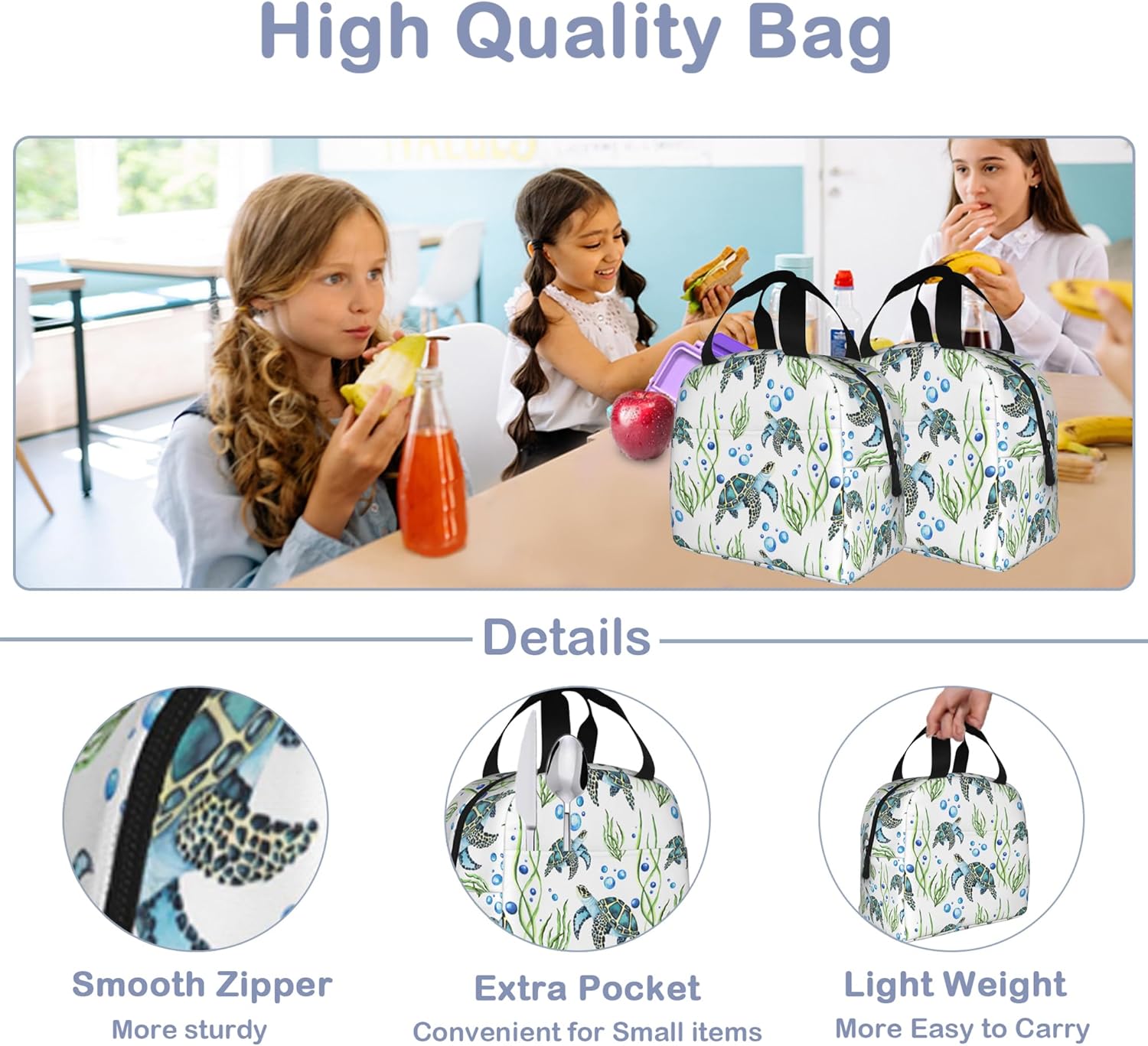Watercolor Sea Turtles Insulated Lunch Bag Reusable Lunch Box Women Men,Cooler Thermal Meal Tote for Kids School Student Picnic Office Work - Image 4