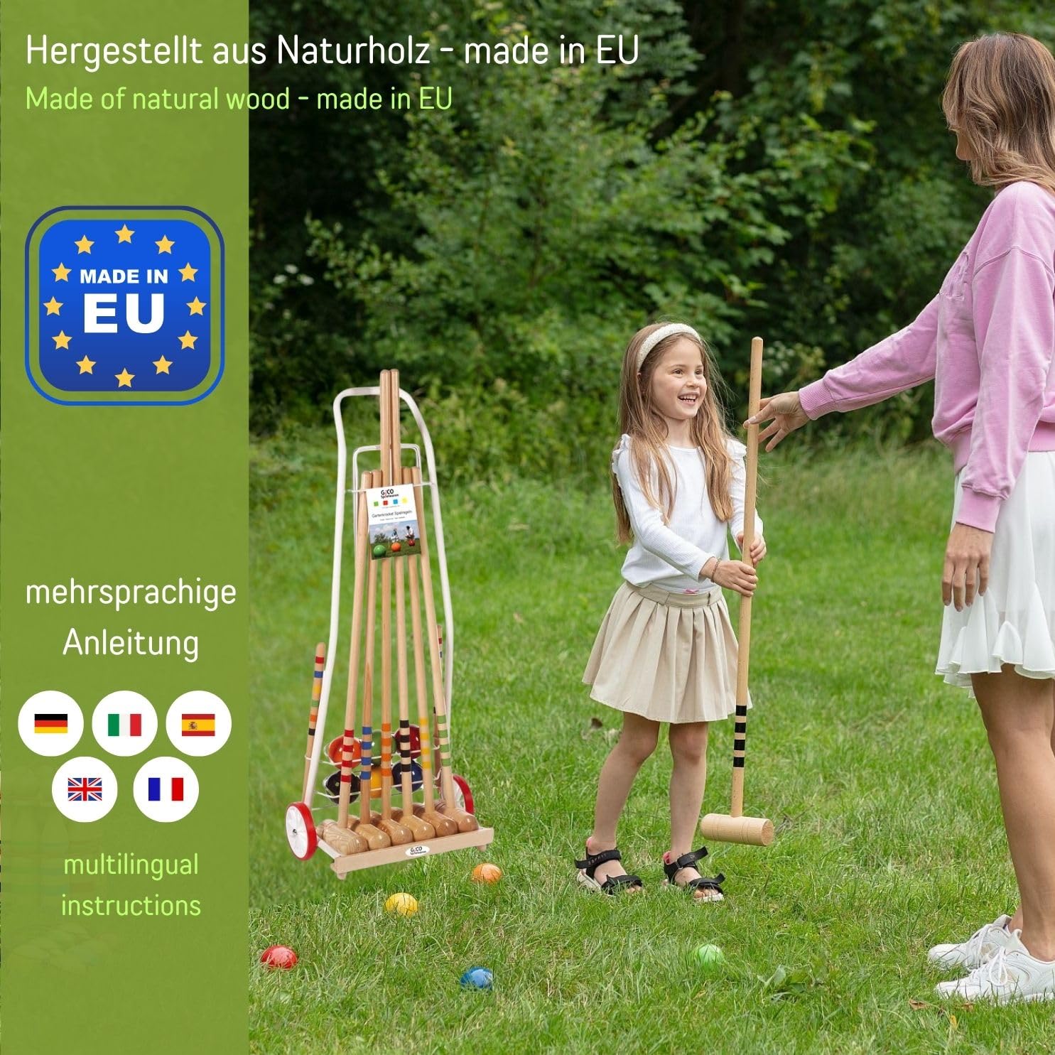 GICO Hochwertiger Krocketwagen Family für 6 Spieler Erwachsenenlänge aus Massivholz-Made in EU-3136
