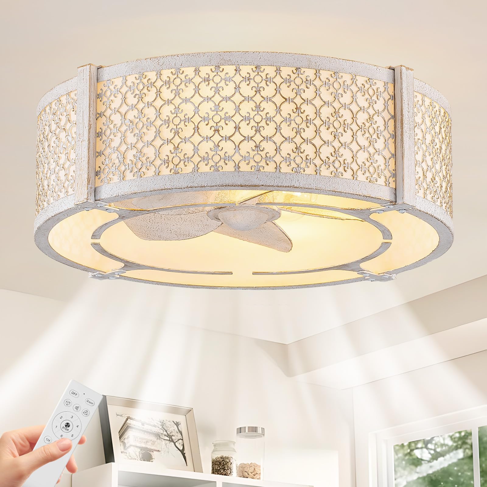 Photo 1 of akiuzna Caged Ceiling Fan with Light - White Gold, Medium