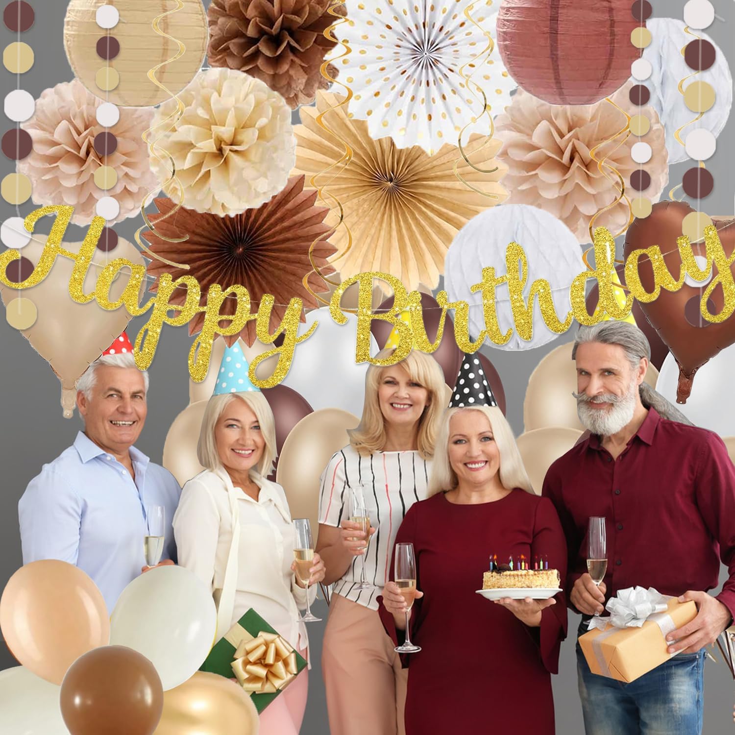 Boho Brown White Birthday Decorations - 62pcs Happy Birthday Banner, Neutral Rustic Paper Lanterns Honeycomb, Hanging Streamers, Tissue Pom Poms Flower Fan, Birthday Decorations for Women Girl Boys