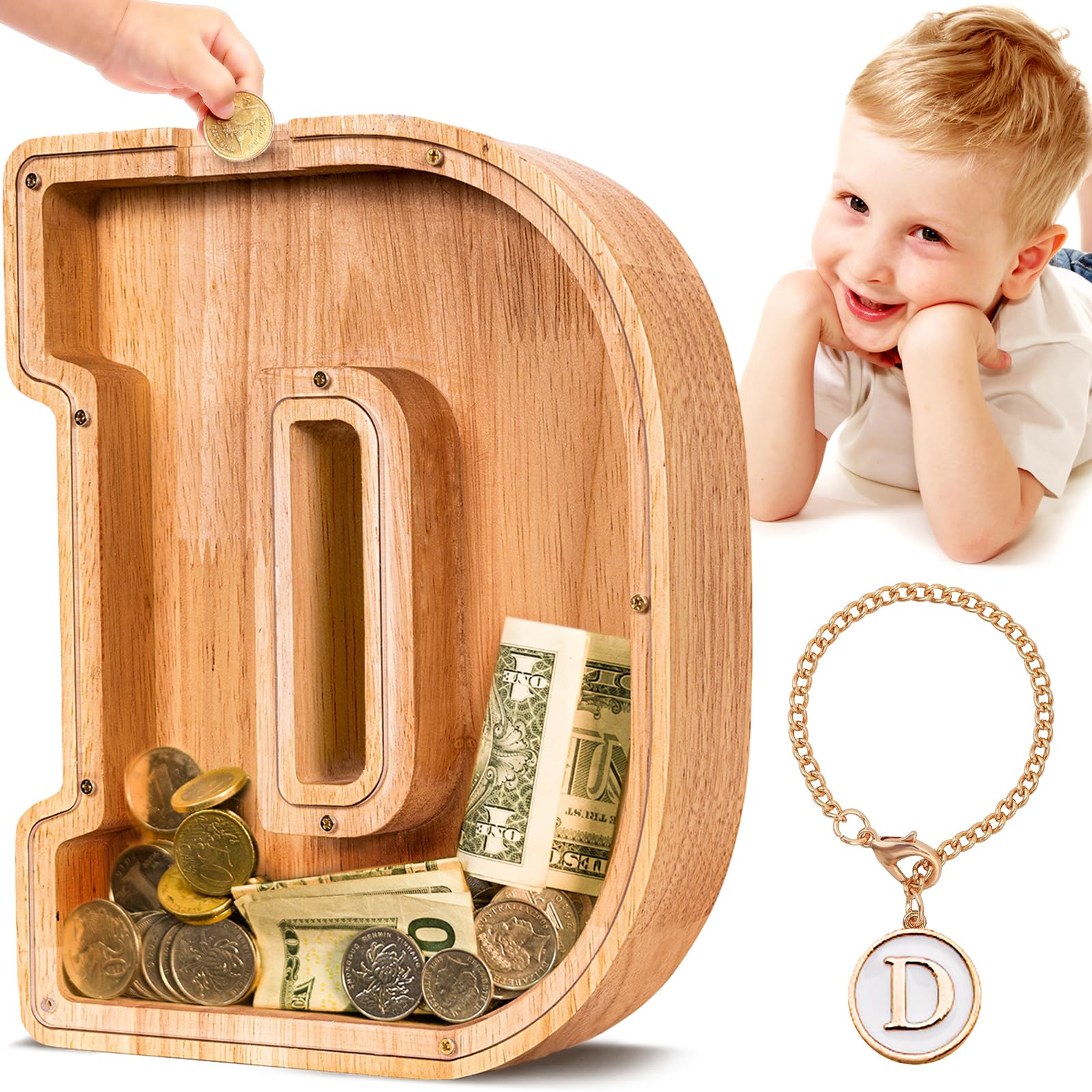 Summidate Spardose für Kinder Junge, Personalisiert Holz Großes Sparschwein, Unzerbrechliches Buchstabe A-Z Sparbüchse für Kinder Mädchen, Erwachsene, Geschenk&Dekoration
