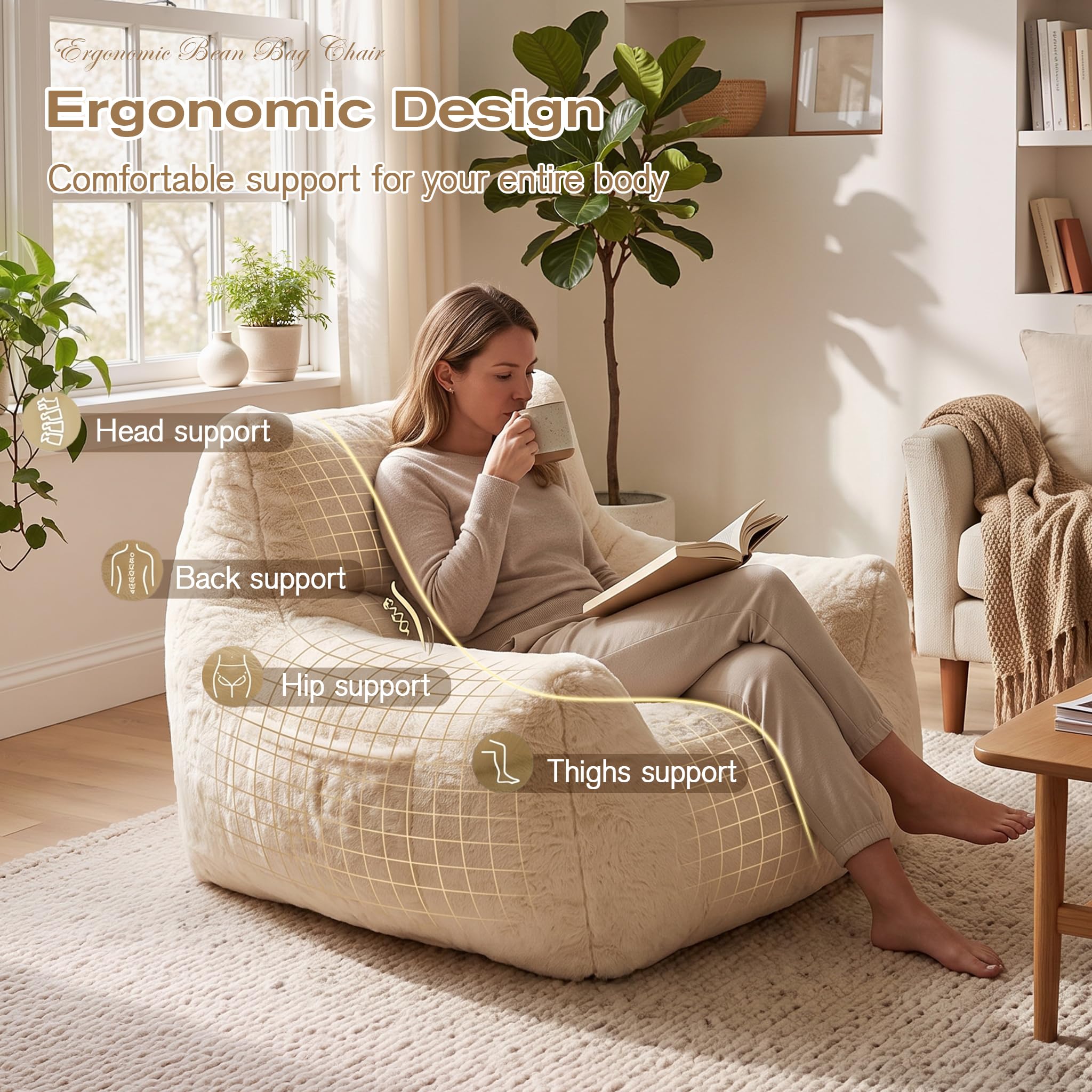 NALONE Sitzsack, Sitzsack Erwachsene mit Füllung, Bean Bag Chair mit Tragbarem Griff, Modernes Ergonomisches Bean Bag，weiß：Einzel