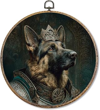 Sufamb German Shepherd Renaissance Style Round Wall Art Decor, German Shepherd Gifts Canvas Artwork Framed, King Dog Wall Hanging Prints Decorations for Home Bedroom Living Room Decor, 10x10 Inches