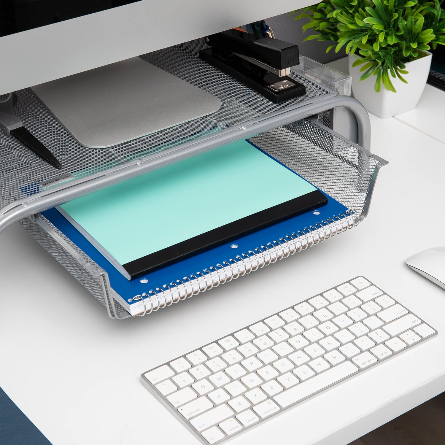Mind Reader Network Collection, Monitor Stand, 33lb. Capacity, 3-Compartment Storage, Paper Tray and 2 Side Storage Compartments, Desktop Organizer, Metal Mesh, Set of 2, 20"L x 11.5"W x 5.5"H, Silver