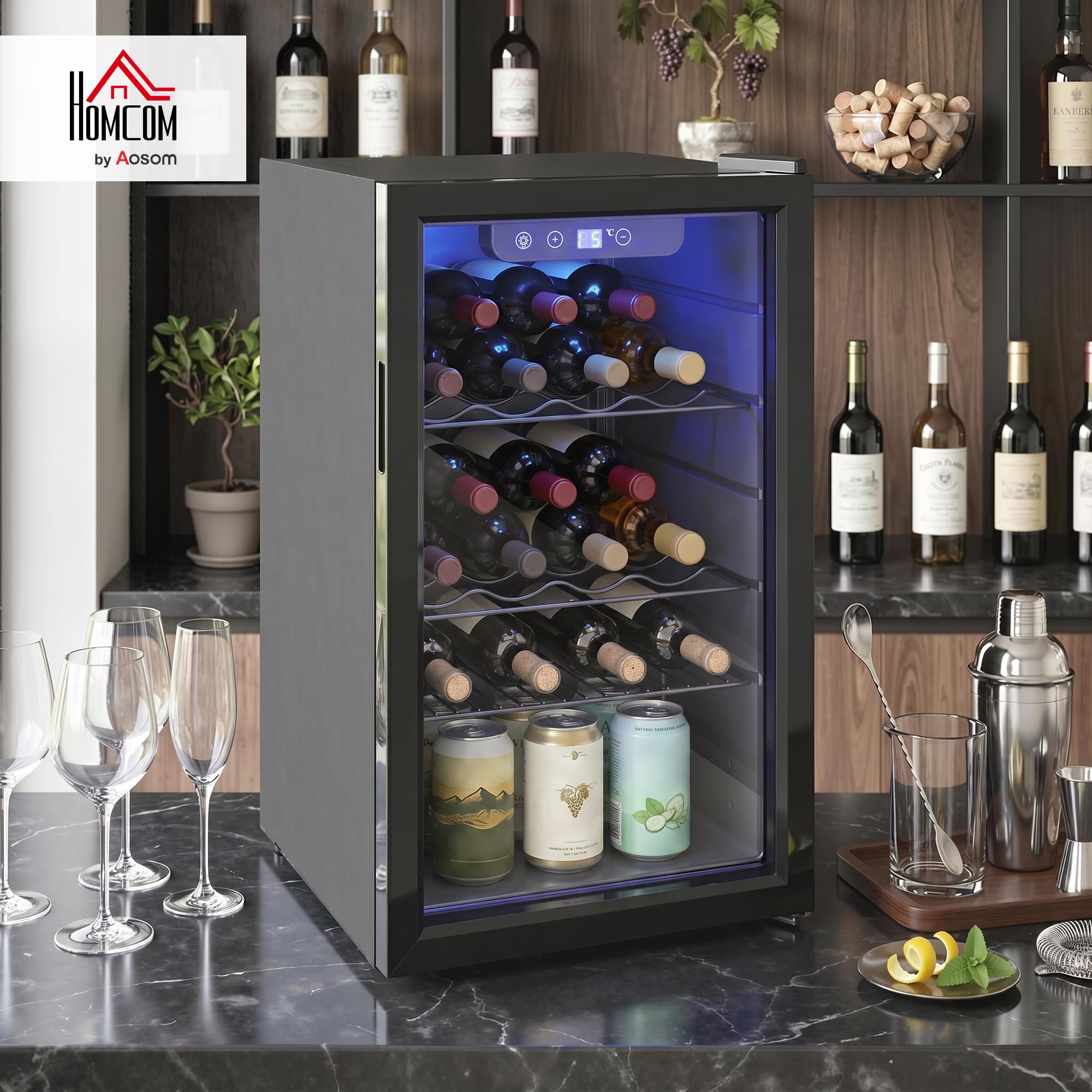 HOMCOM Cantinetta Vino Refrigerata 24 Bottiglie 68L Cantina Vino Silenziosa Temperatura Regolabile 4-16℃ Frigo Vino Bar con Vetro Anti UV, Ripiani, Compressore, Display Touch, Luci LED, Classe F, Nera