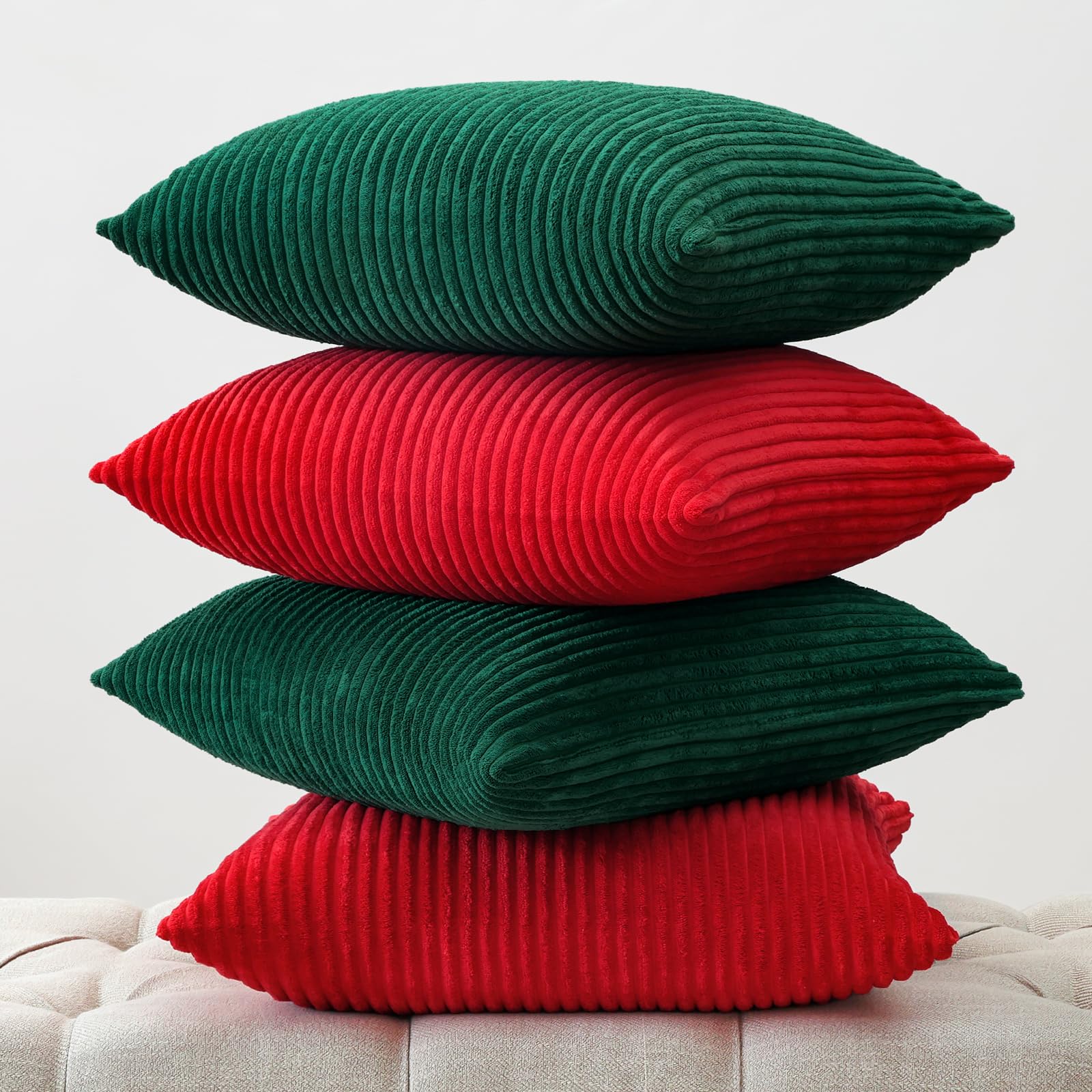 OTOSTAR Confezione da 4 federe decorative per cuscini, 45 x 45 cm, in morbido velluto a coste, decorative, moderne per divano e casa (rosso verde)