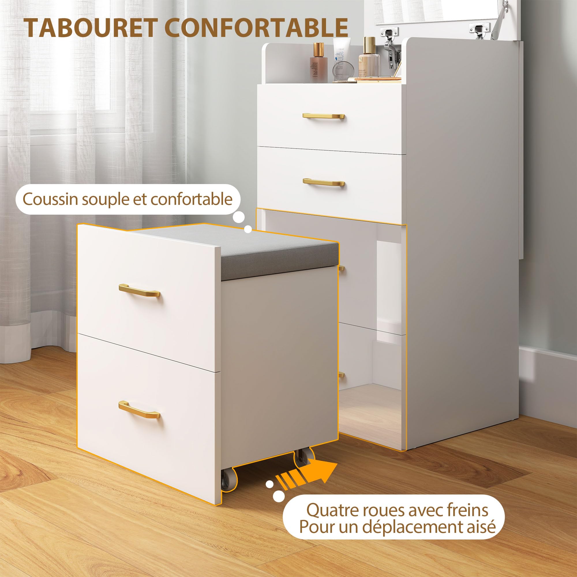 HOMCOM Coiffeuse avec Miroir et Tabouret 3 en 1 48 x 40 x 90 cm Blanc | Table de Maquillage, Plateau en Verre Visible, 3 Tiroirs, Coussin Rembourré, Roulettes, Bureau Coiffeuse