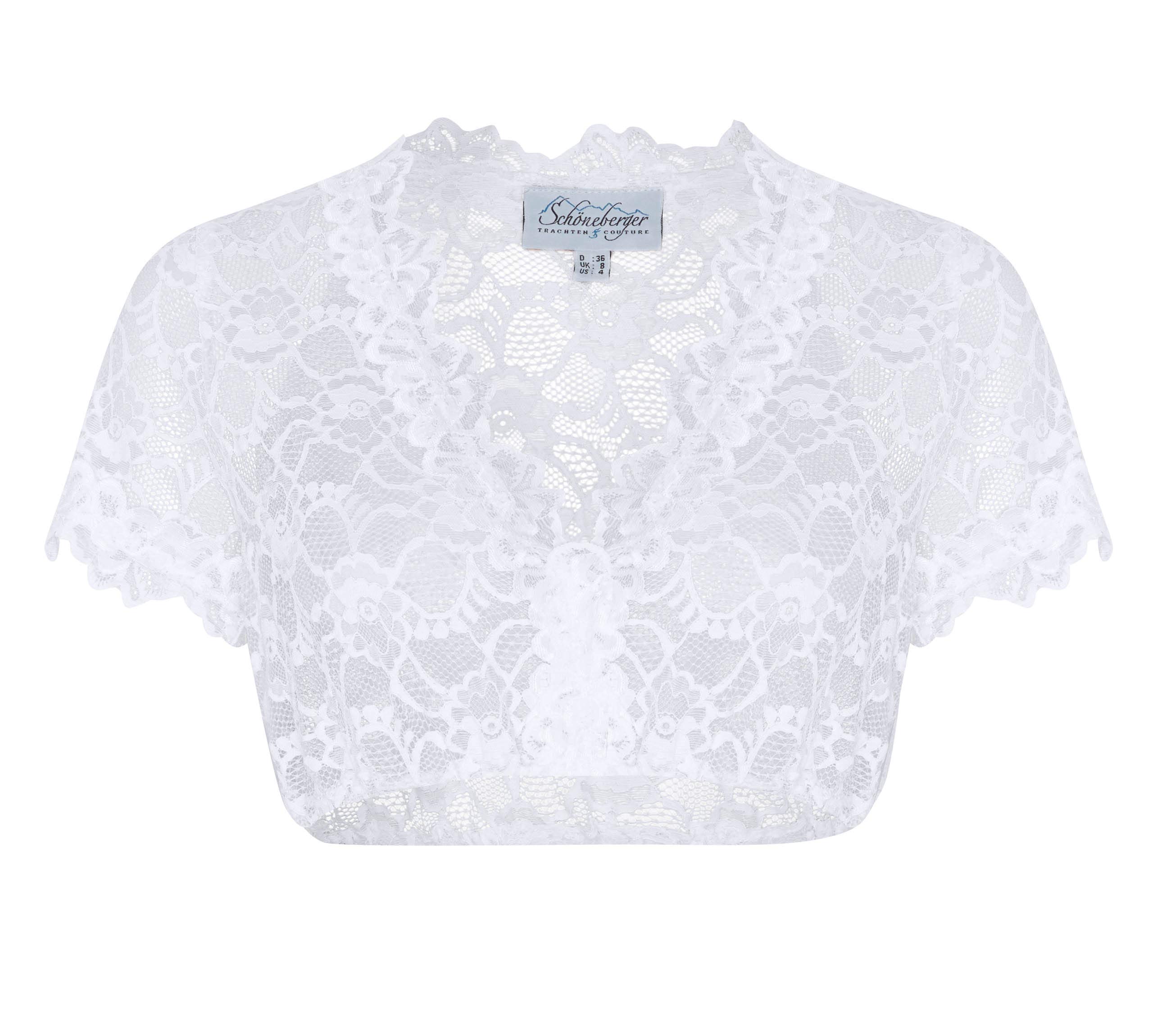 Schöneberger Trachten Couture Damen Dirndlbluse aus Spitze Kurzarm weiß – Elegante, Exklusive Dirndl Bluse Teil-transparent für Oktoberfest, V-Ausschnitt Thea