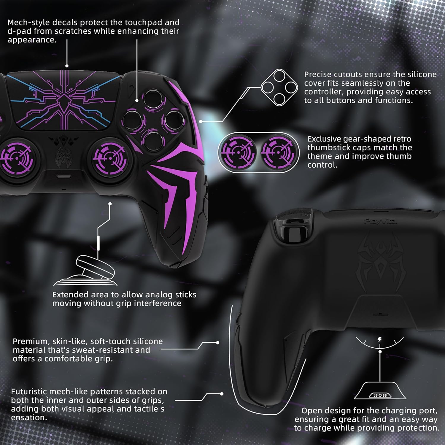 PlayVital Design for ps5 Controller Silicone Case with 2 Thumb Grips and 6 Sticker, Cyber Spider Design, Anti-Slip Shockproof Controller Cover Skin, Fits for Charging Dock, Black & Purple - Image 6