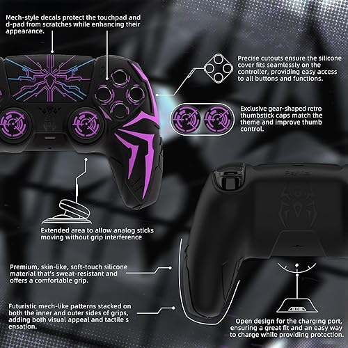 Vista 6 de PlayVital Design for ps5 Controller Silicone Case with 2 Thumb Grips and 6 Sticker, Cyber Spider Design, Anti-Slip Shockproof Controller Cover Skin