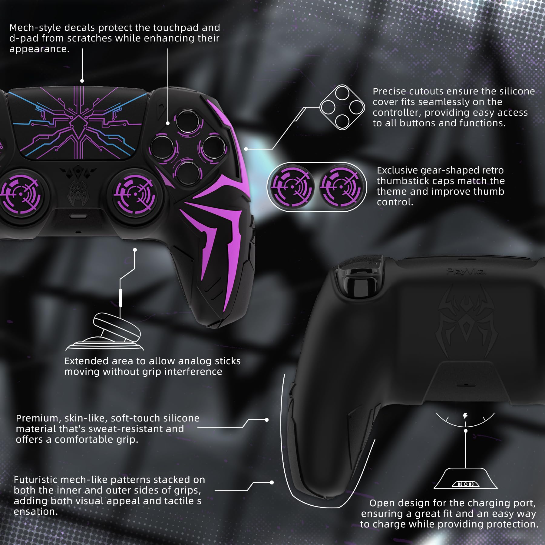 PlayVital Etui Silikonowa do ps5 Kontroler,Czarny & Fioletowy | Osłona Ochronna z Nakładkami Joystick Kompatybilna ze ps5 Stacją Ładowania, Antypoślizgowa i Odporna na Wstrząsy