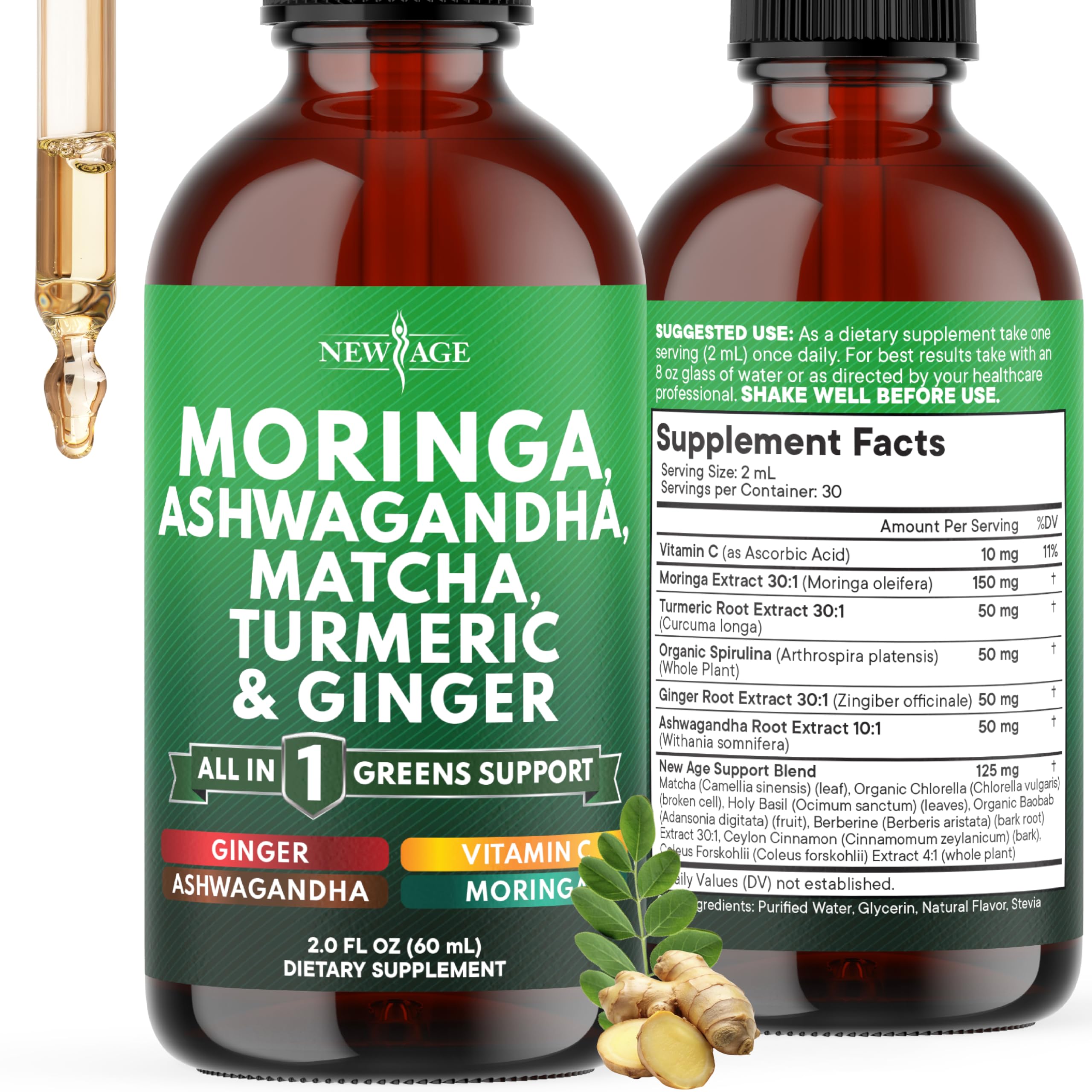 NEW AGE Gotas de Moringa com Ashwagandha, Spirulina, Clorela, Cúrcuma, Gengibre, Clorofila, Matcha, Vitamina C e Ervas 60 mL