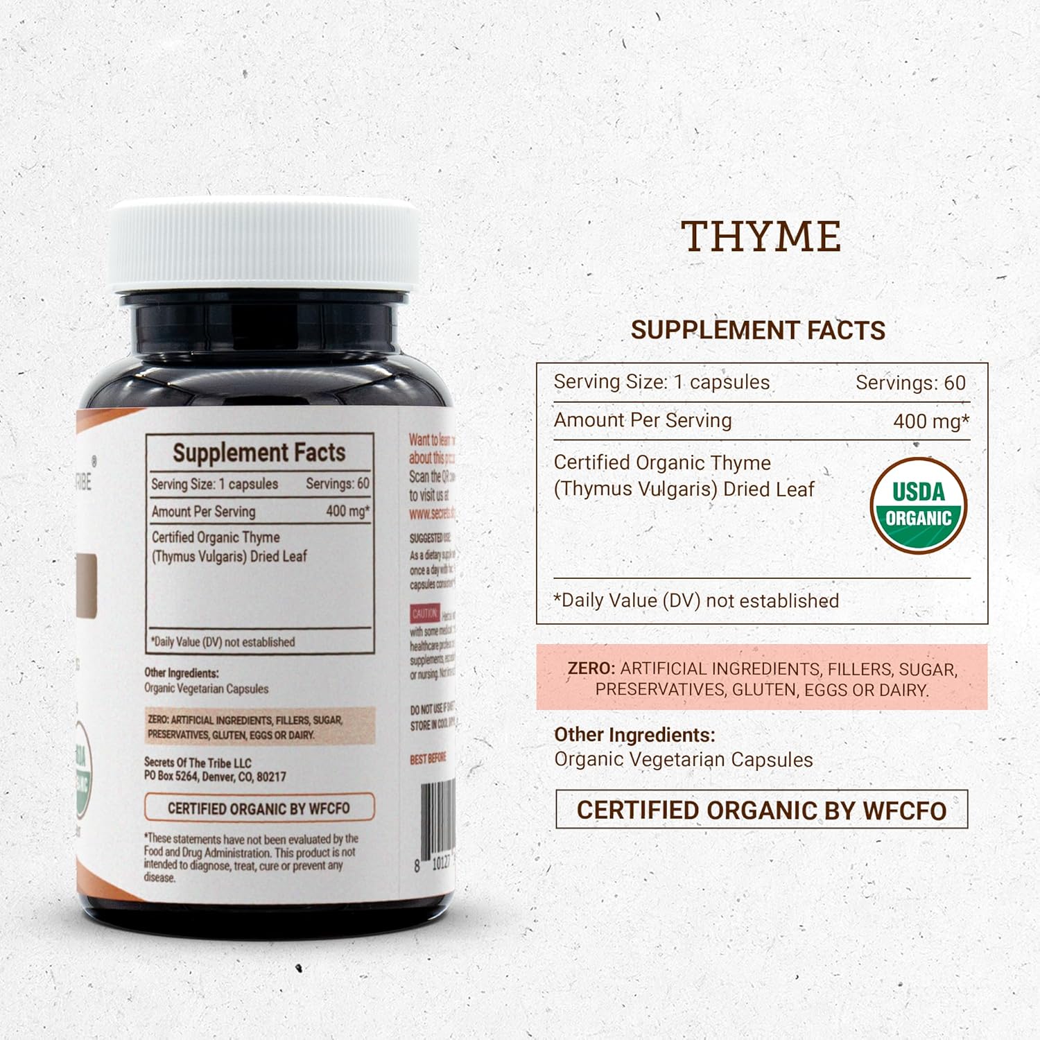 Secrets of the Tribe Thyme USDA Organic 60 Capsules | Made with Vegetarian Capsules and Certified Organic Thyme (Thymus Vulgaris) Dried Leaf (60 Capsules)
