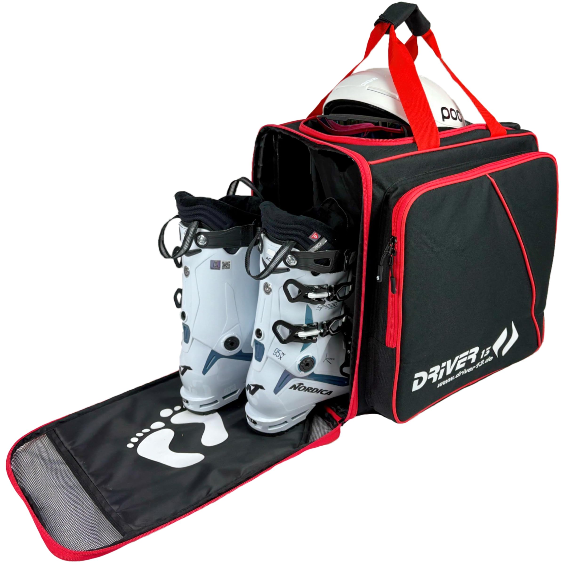 Driver13 Sac à Dos pour Chaussures de Ski avec Compartiment Casque, Sac bootbag pour Chaussures de Ski et Boots de Snowboard, Dimensions 40 x 28 x 44 cm, Noir/Rouge