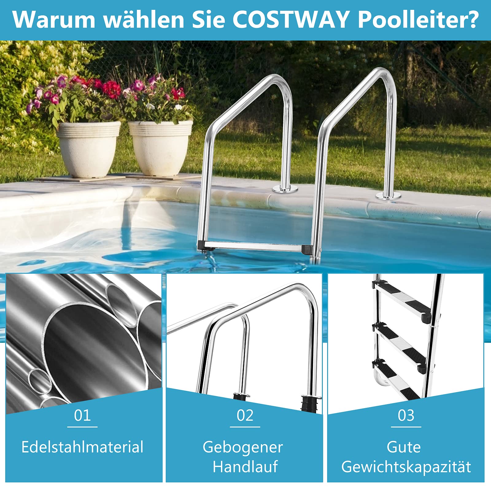 COSTWAY 3 stufiger Edelstahl Poolleiter, Schwimmbad Leiter bis 150kg belastbar, Einstiegsleiter Silber, Schwimmbadleiter rutschfest, Einbauleiter 53 x 63 x 147 cm