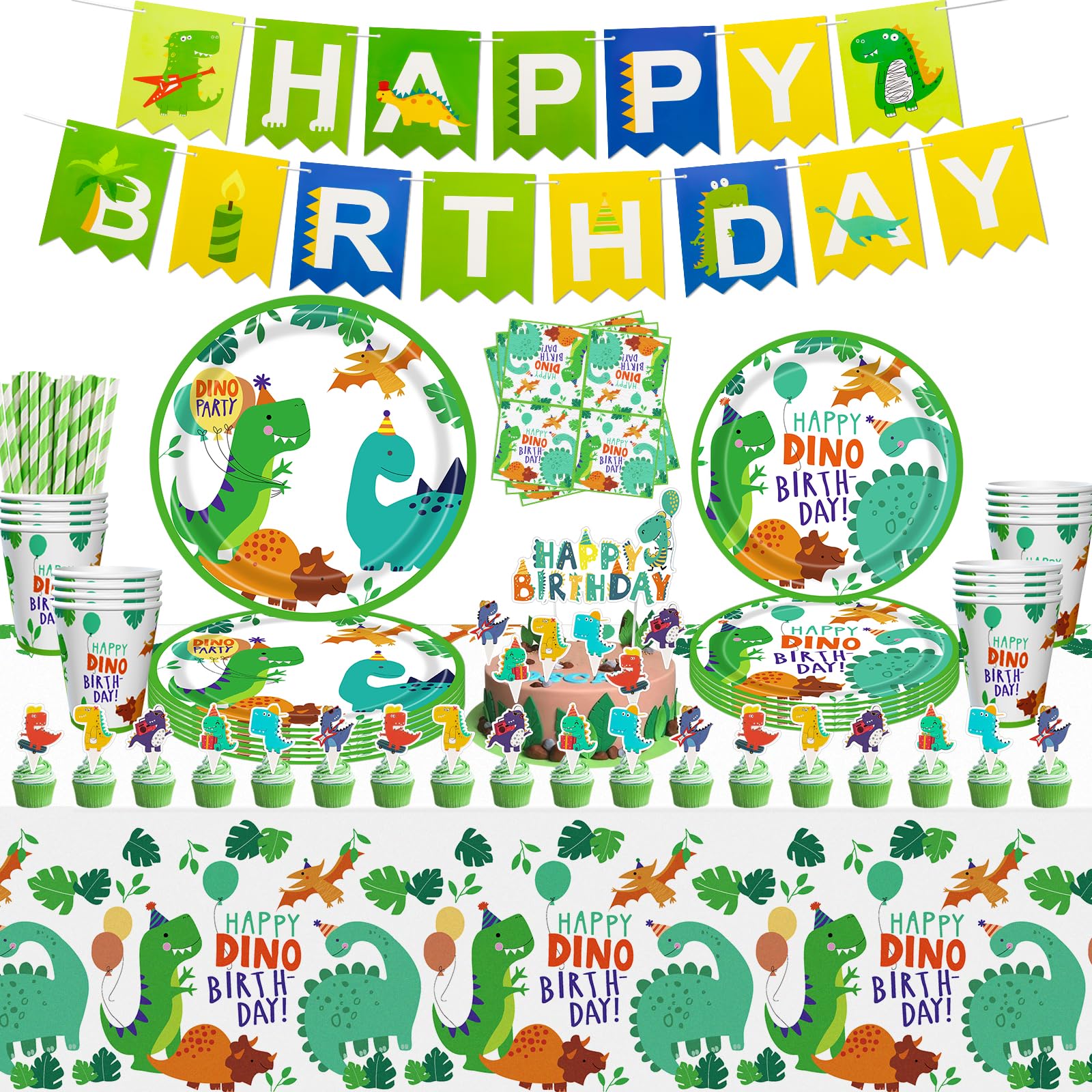131 PCS Dinosaur Tableware Set - Dinosaur Theme Party Decorations for Boys - Includes Plates, Cake Toppers, Balloons, Tablecloth Serves 20