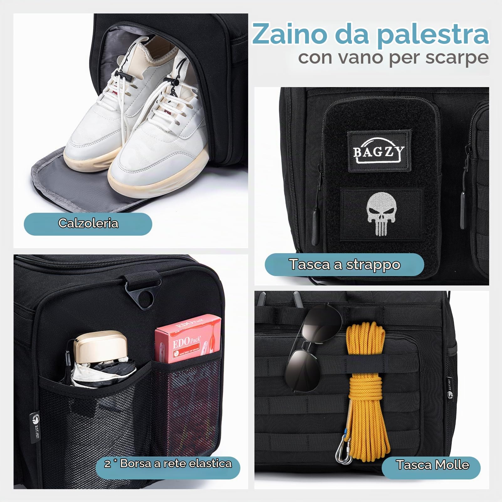 BAGZY 3 in 1 Borsone Palestra Uomo Impermeabile 40 Litri Borsa Sportiva Donna Borsone da Viaggio Tattica Militare Con Scomparto per Scarpe per Fitness Weekender Camping Con Borsa per Toilette Nero