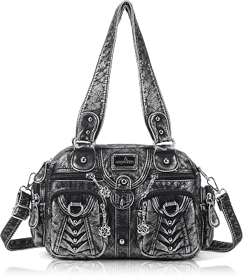 Angel Kiss Women's Medium Hobo Shopper Handbag Made of Soft PU Leather Multifunctional Many Compartments with Zip Metal Studs for Everyday School Travel Work Black