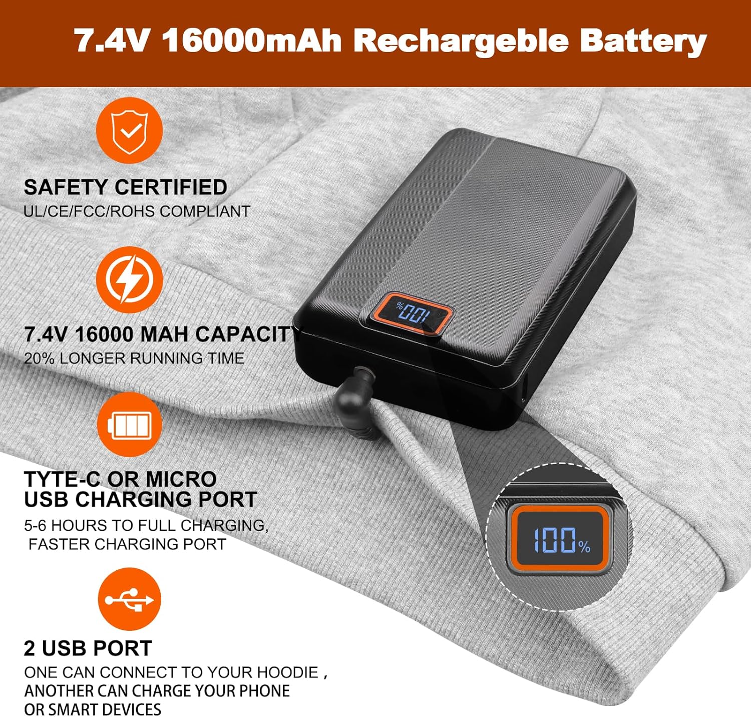 Heated Hoodie for Women Men with Battery Pack 7.4V 16000mAh, Hooded Heated Pullover Sweatshirts 6 Heating Zones - Image 5