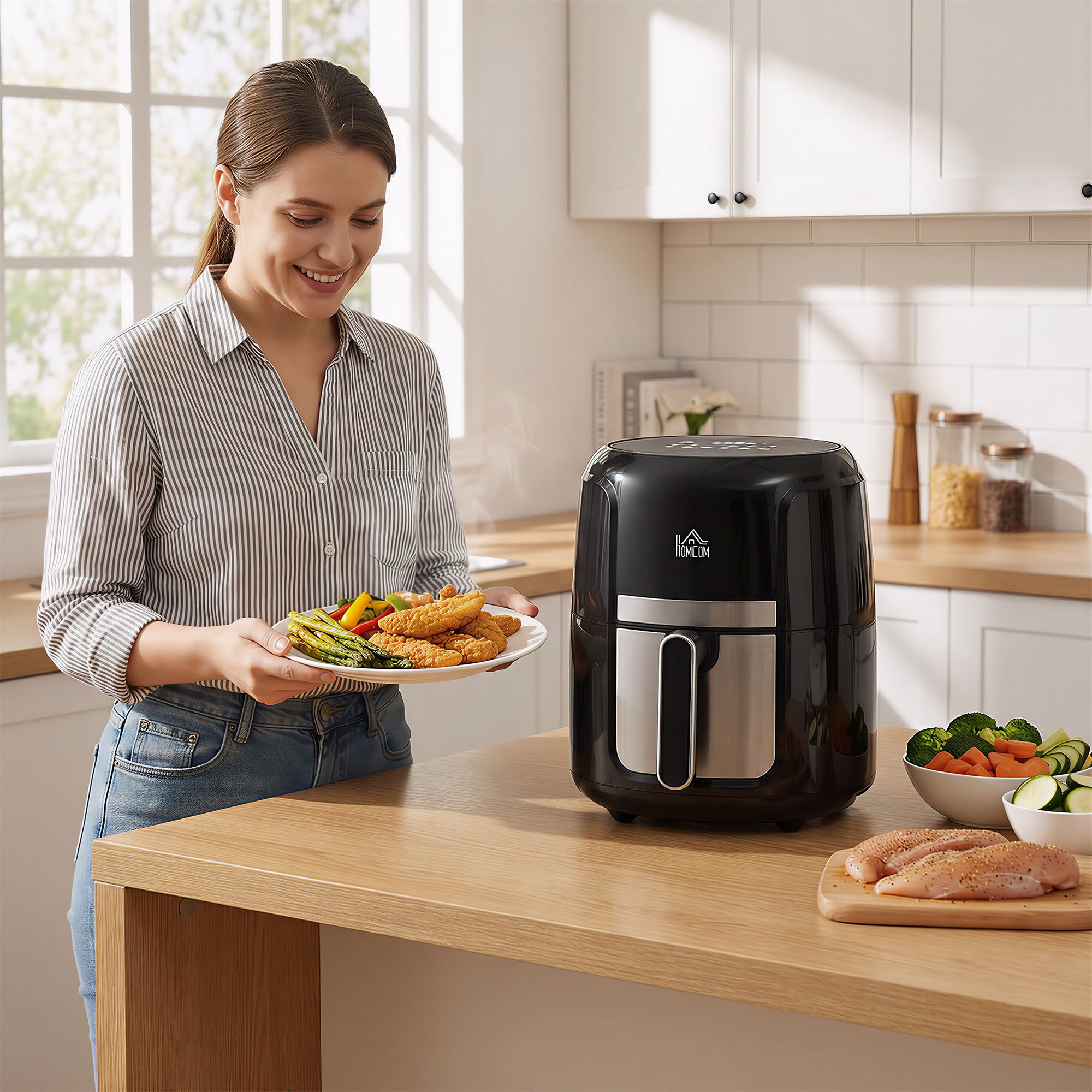 HOMCOM Frytkownica na gorące powietrze, 4 l, 1300 W, 12 programów, timer 60 min, kosz z powłoką zapobiegającą przywieraniu, zabezpieczenie przed przegrzaniem, wyświetlacz LED Touch, frytkownica bez