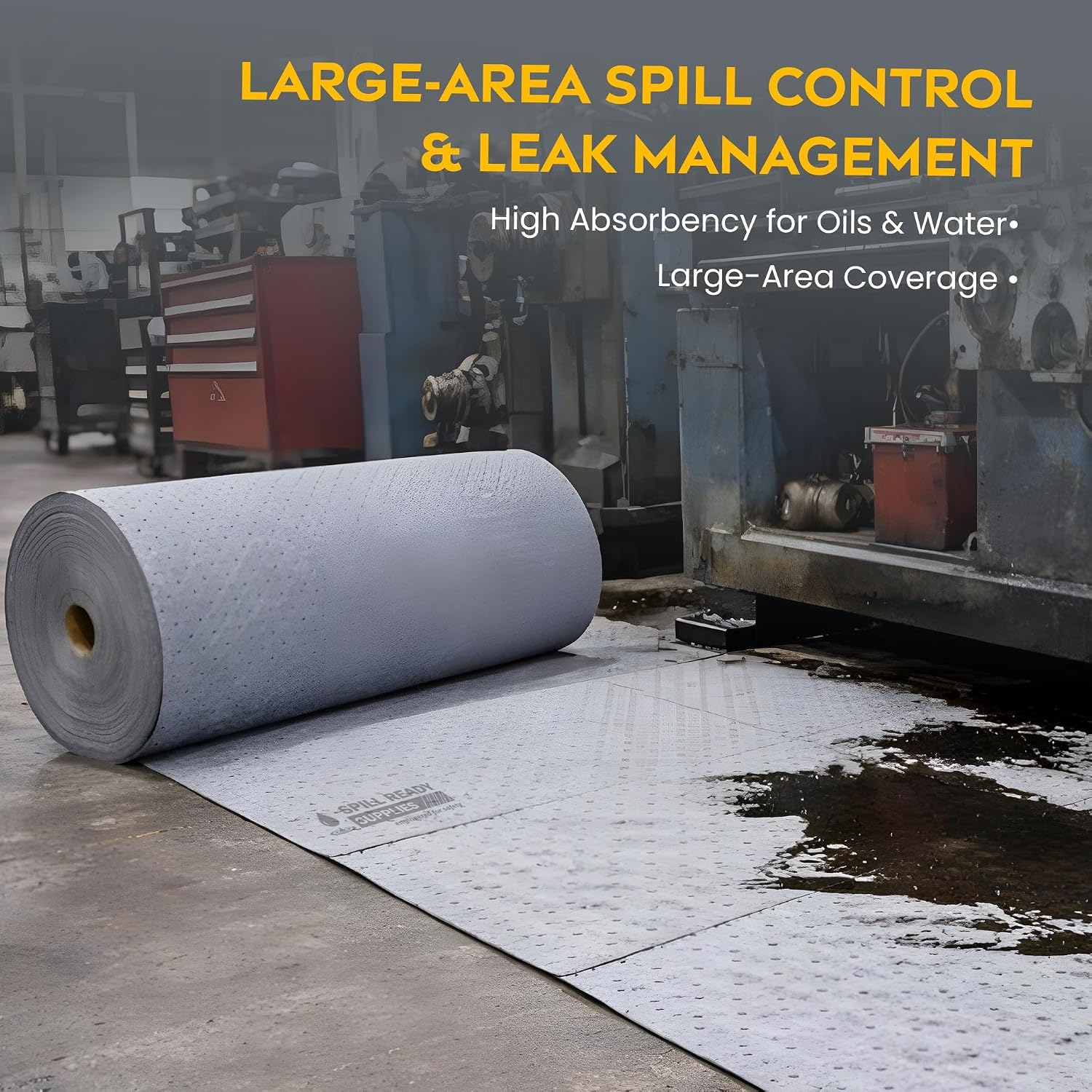 Spill Ready Universal Absorbent Mat Roll 24" x 150' - Absorbs Up to 31 gal. per roll, Perforated Industrial Sorbent Mat Roll for Oil, Coolant & Water - Gray Absorbent Pad for Shops & Warehouses