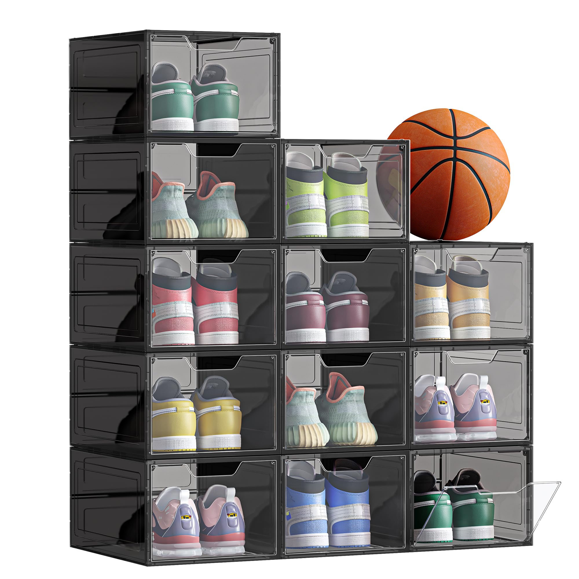 SONGMICS Cajas de Zapatos, Cajas Plástica Apilable para Zapatos, Juego de 12 Organizador de Zapatos, Ahorro de Espacio, Fácil Montaje, 34 x 25 x 18,4 cm, Hasta Talla 44, Negro Transparente LSP032B12V1