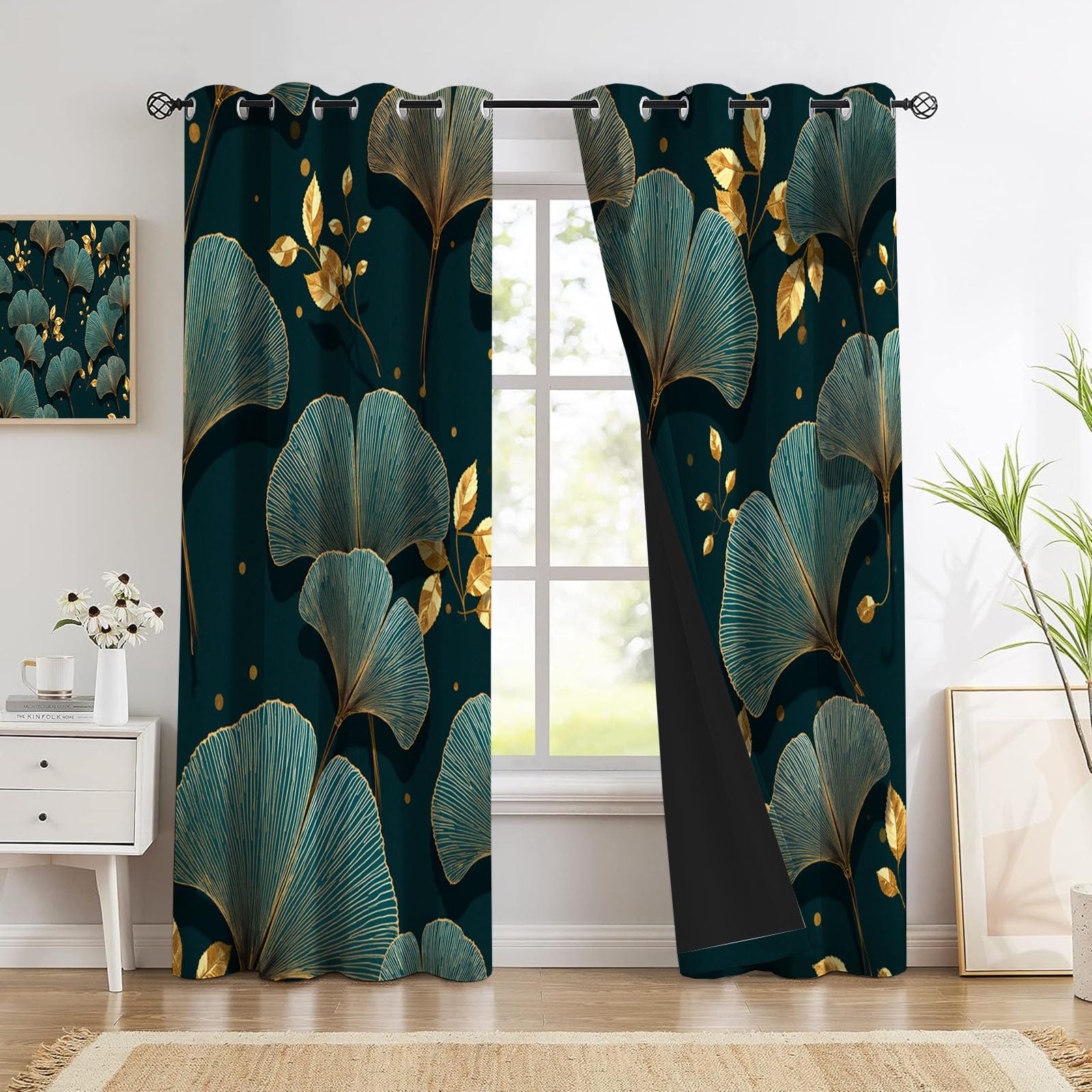 Rideau occultant thermiques plantes de luxe ginkgo 140x160cm lot de 2