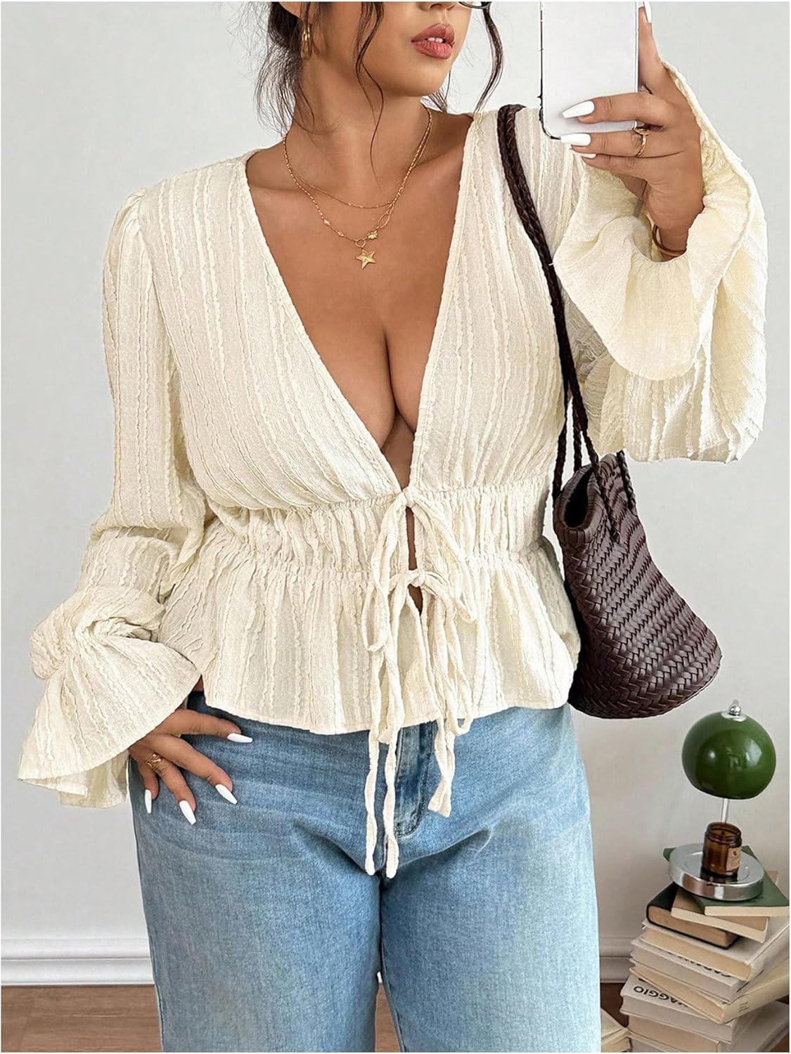 SOLY HUX Women's Plus Size Peplum Tops Deep V Neck Tie Front Long Sleeve Tee Ruffle Babydoll T Shirt - Image 4