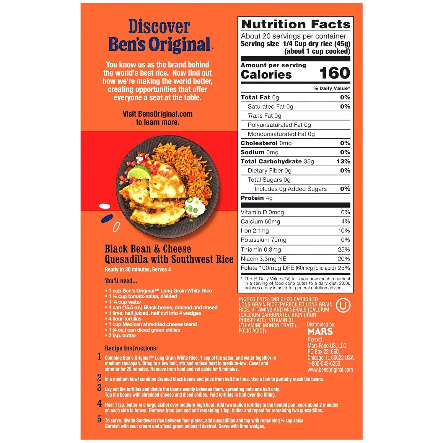 BEN'S ORIGINAL Converted Brand Enriched Long Grain White Rice, Parboiled Rice, 2 lb Box