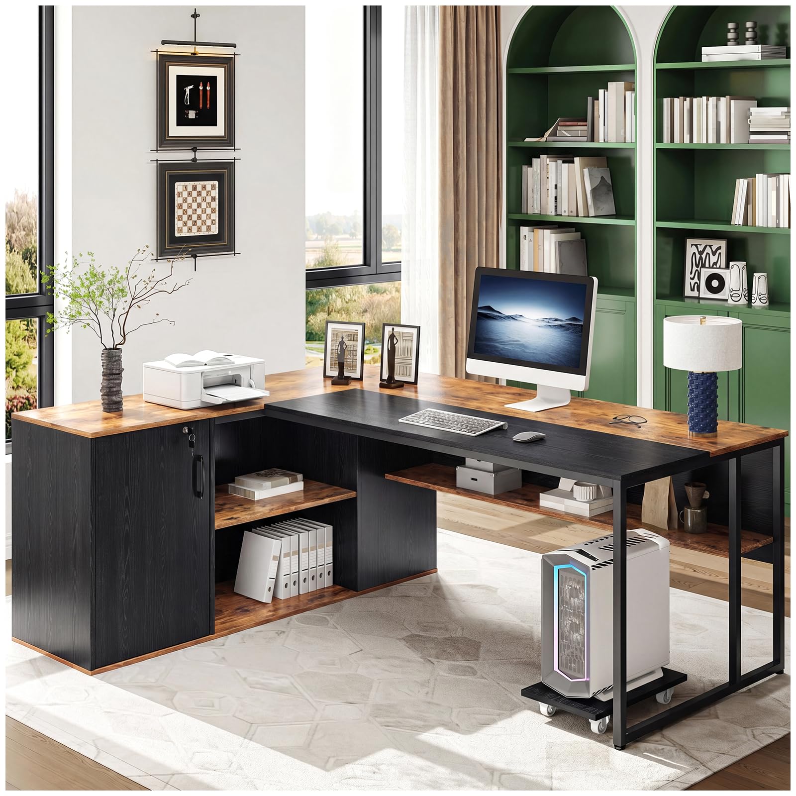 SIMPLE ESPACIO Escritorio en L Ejecutivo de 160 x 80 cm con Gabinete con Cerradura y Estantes, Escritorio Oficina Industrial para Home Office, Estación de Trabajo con Almacenamiento (Retro/Negro)