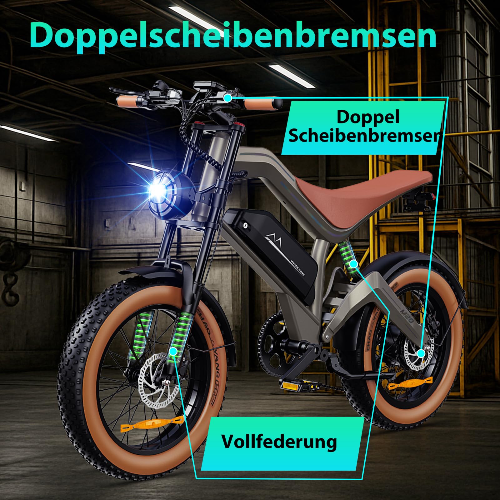 E Bike Herren, 20 * 4.0" All-Terrain Fat Reifen Elektrofahrrad mit 250W 74NM Motor 48V 18.2Ah Akku, mit APP, 25km/h bis zu 100km, 7-Gang Getriebe Scheibenbremse, M20